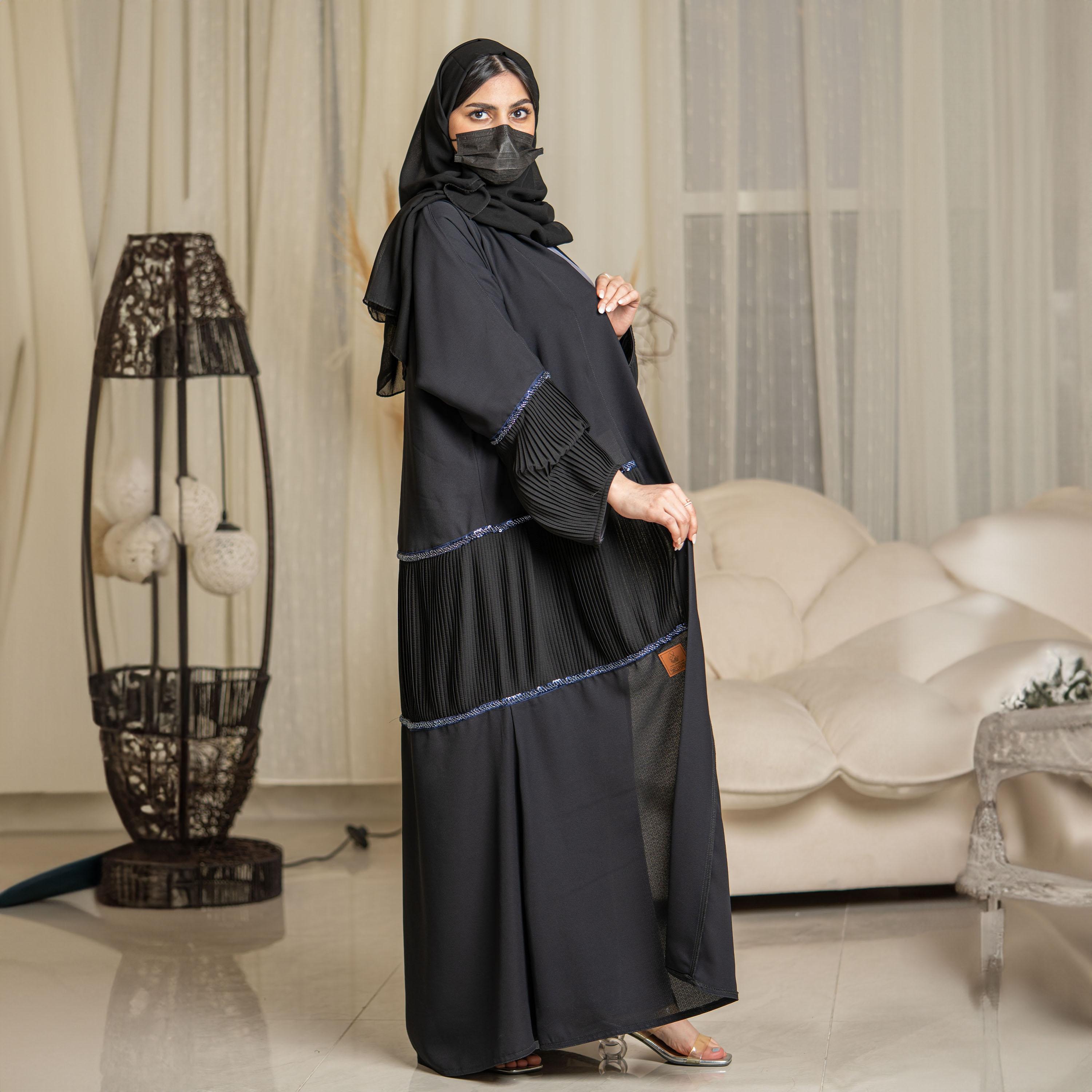 Zahiyh Sequins and Pleated Open Front Abaya with Hijab-women-arabicclothing-abayas-image-4