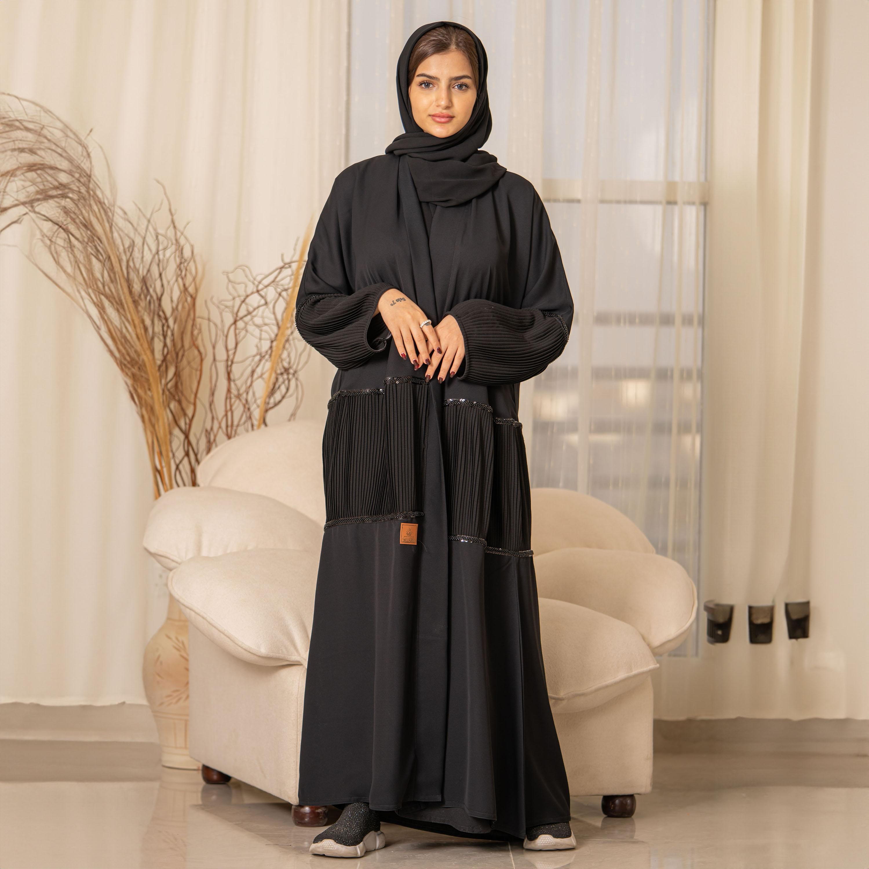 Zahiyh Sequins and Pleated Open Front Abaya with Hijab-women-arabicclothing-abayas-image-1