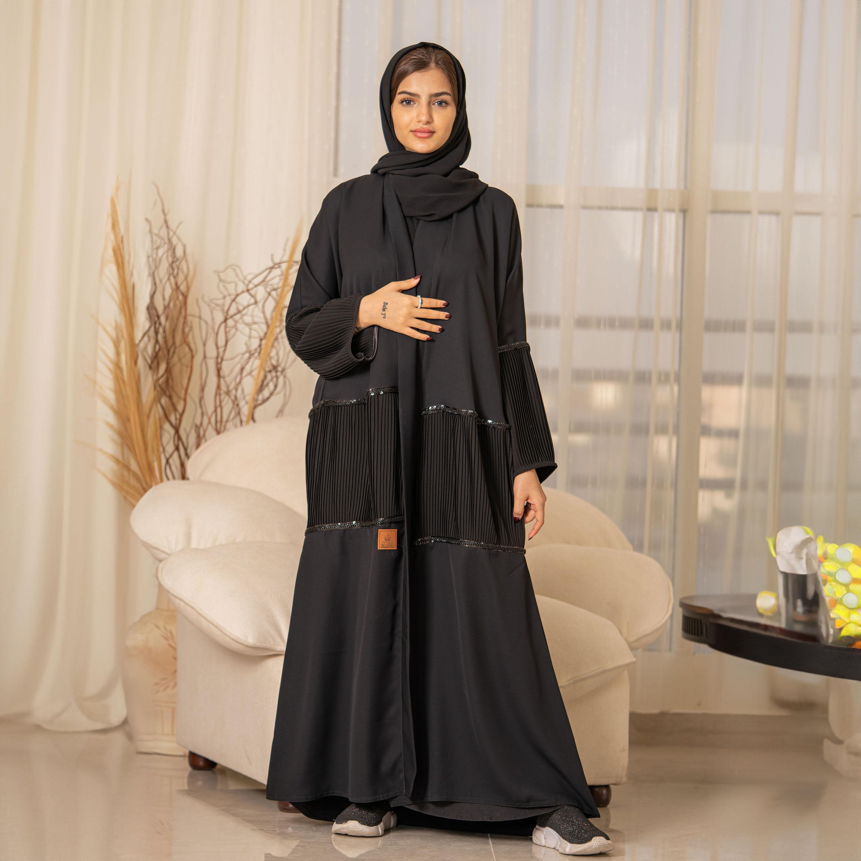 Zahiyh Sequins and Pleated Open Front Abaya with Hijab-women-arabicclothing-abayas-image-2