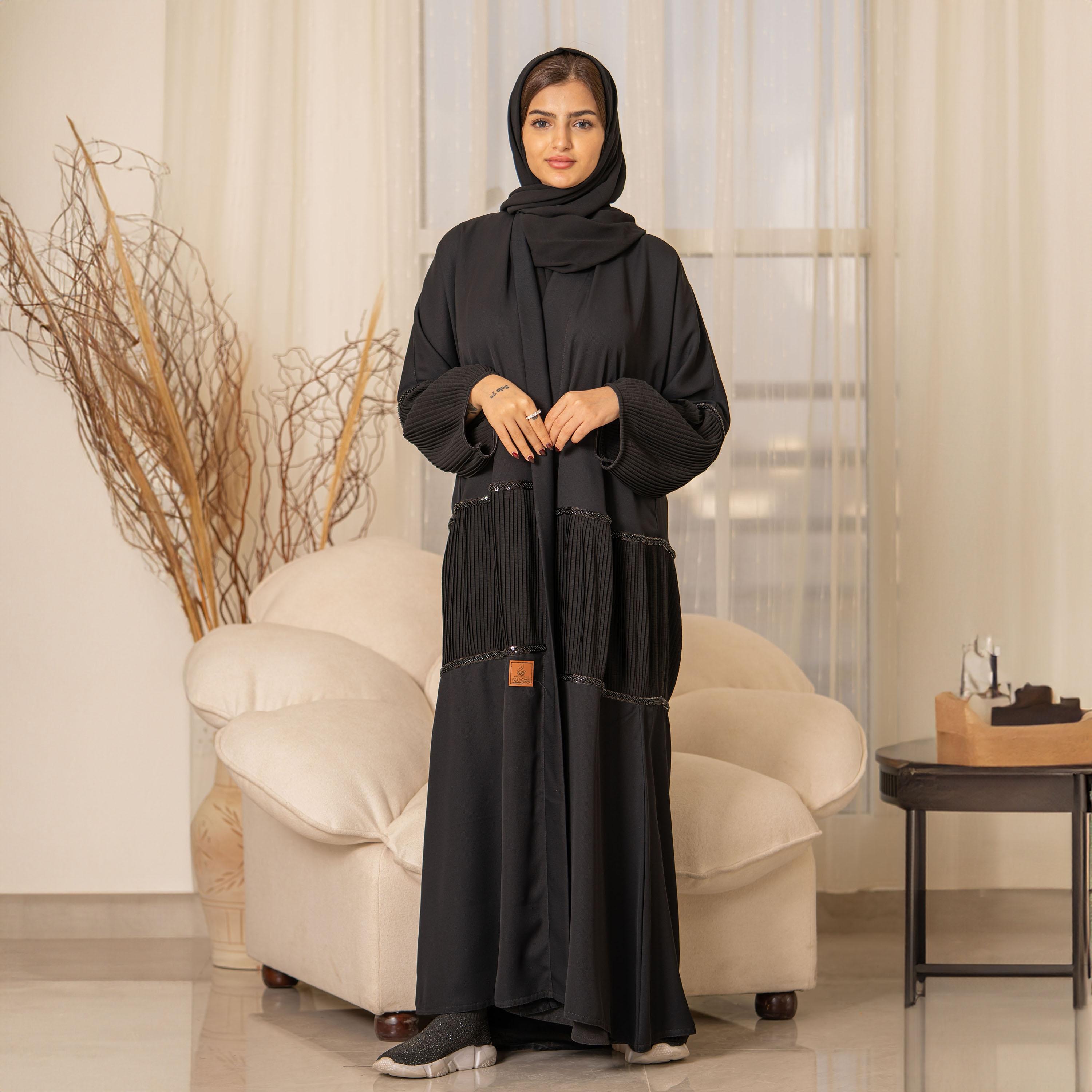 Zahiyh Sequins and Pleated Open Front Abaya with Hijab-women-arabicclothing-abayas-image-3