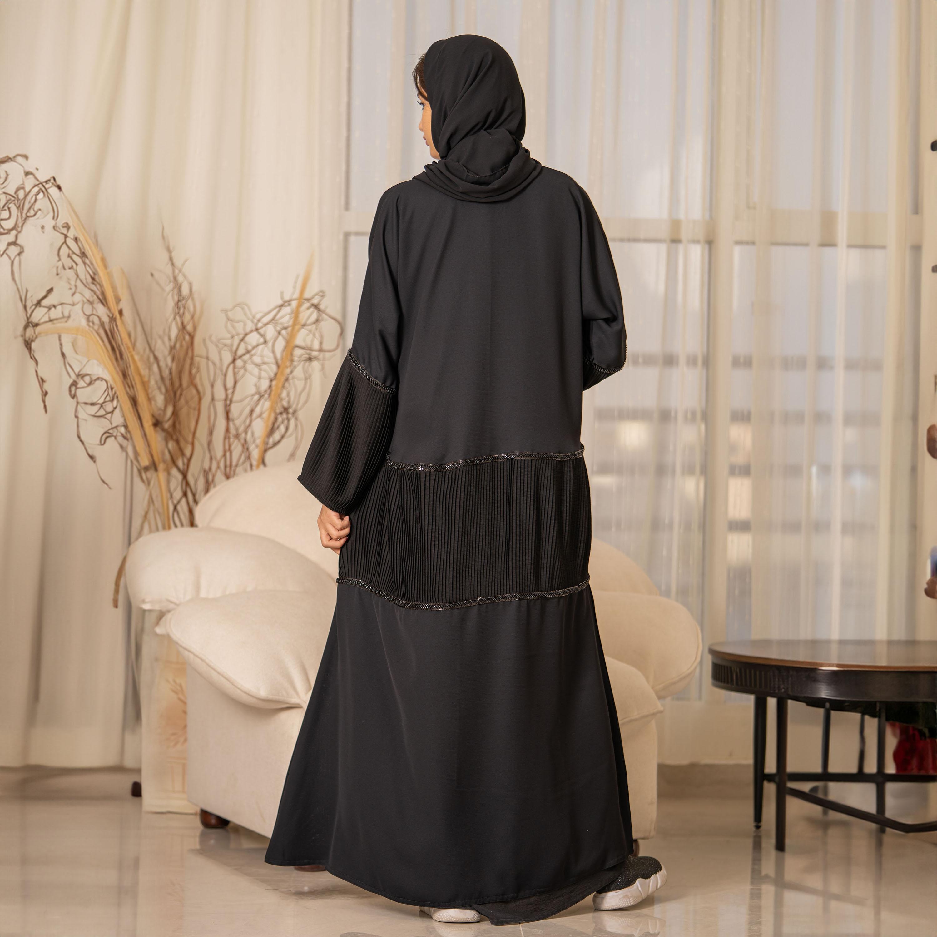 Zahiyh Sequins and Pleated Open Front Abaya with Hijab-women-arabicclothing-abayas-image-4