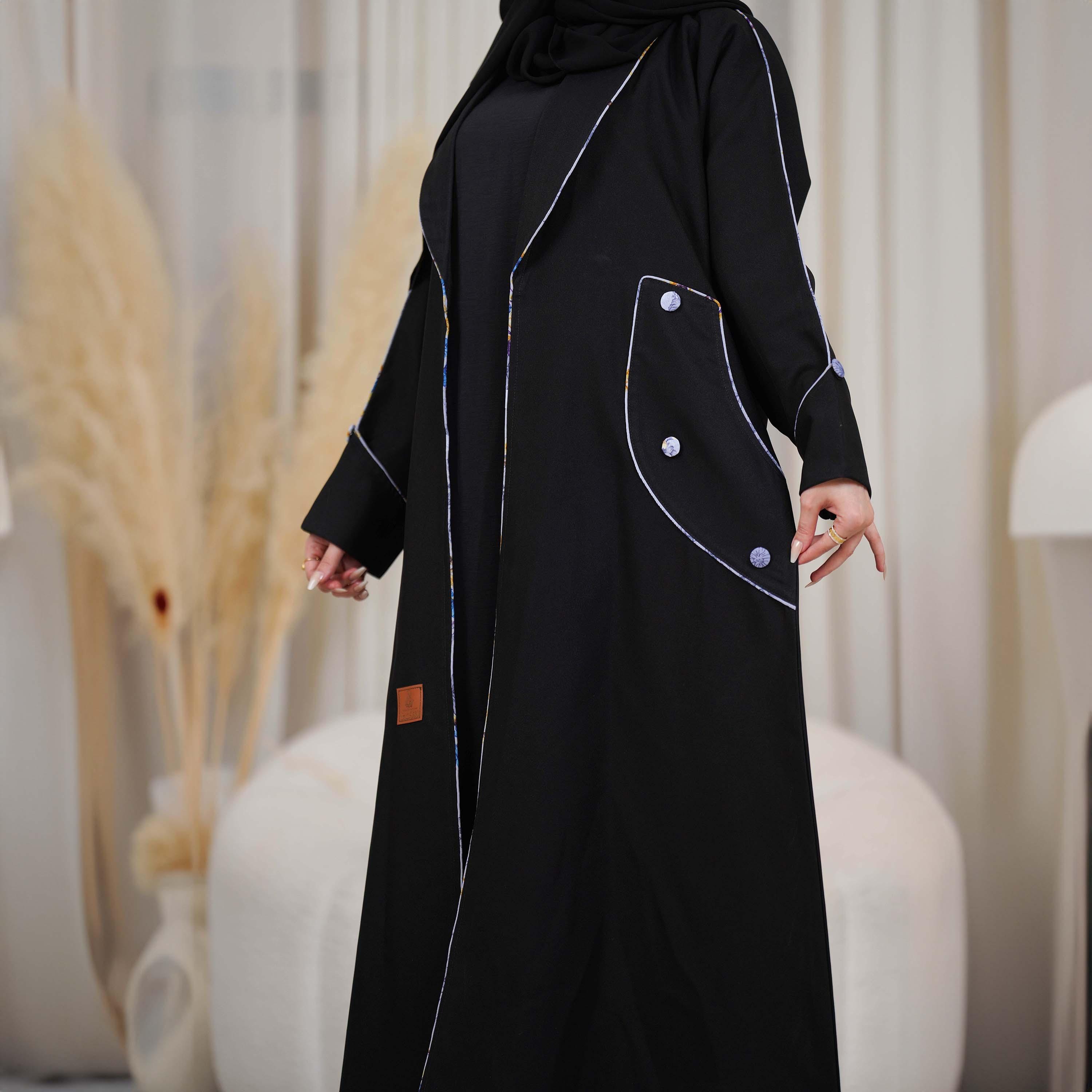 Zahiyh Piping Detail Open Front Abaya with Hijab-women-arabicclothing-abayas-image-2