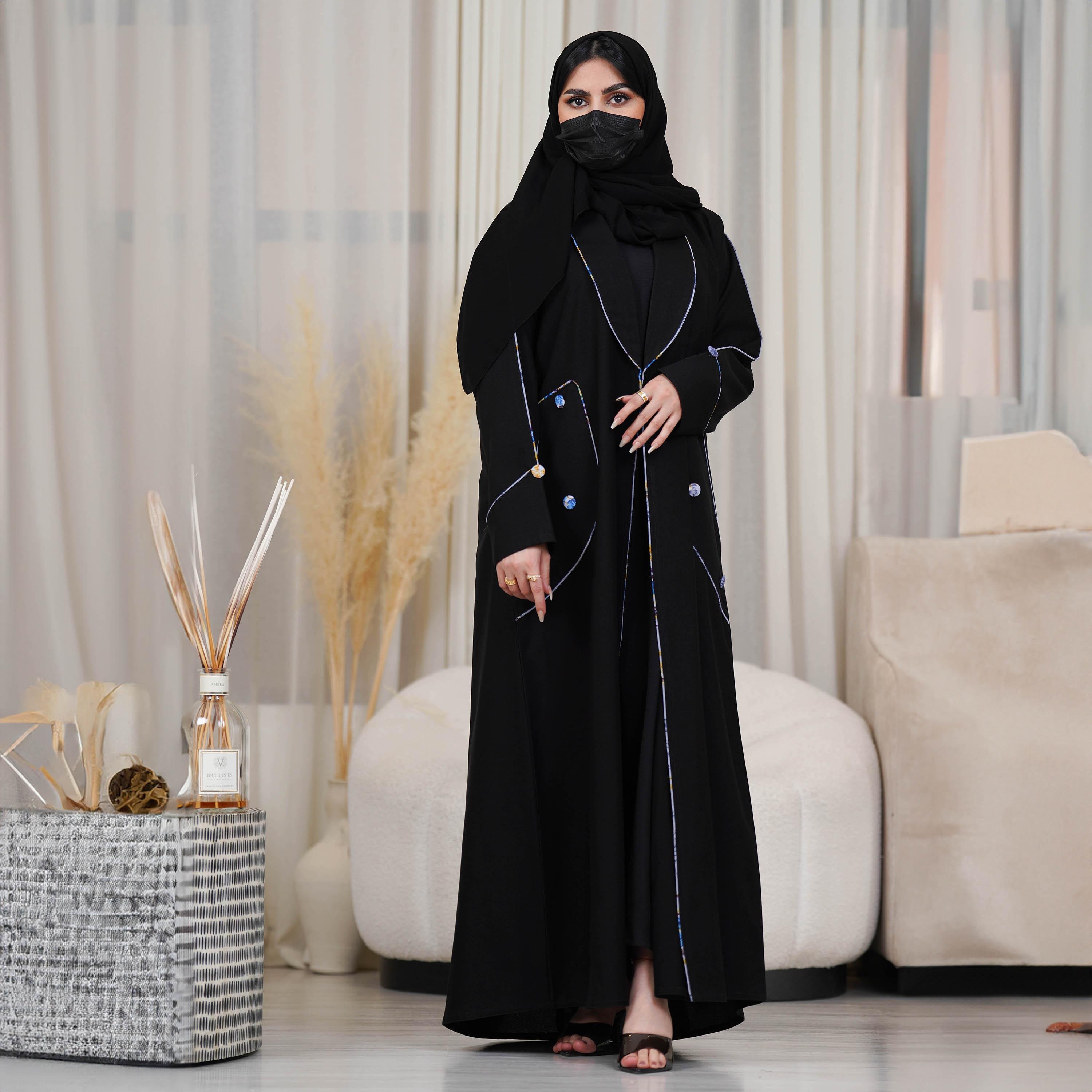 Zahiyh Piping Detail Open Front Abaya with Hijab-women-arabicclothing-abayas-image-3