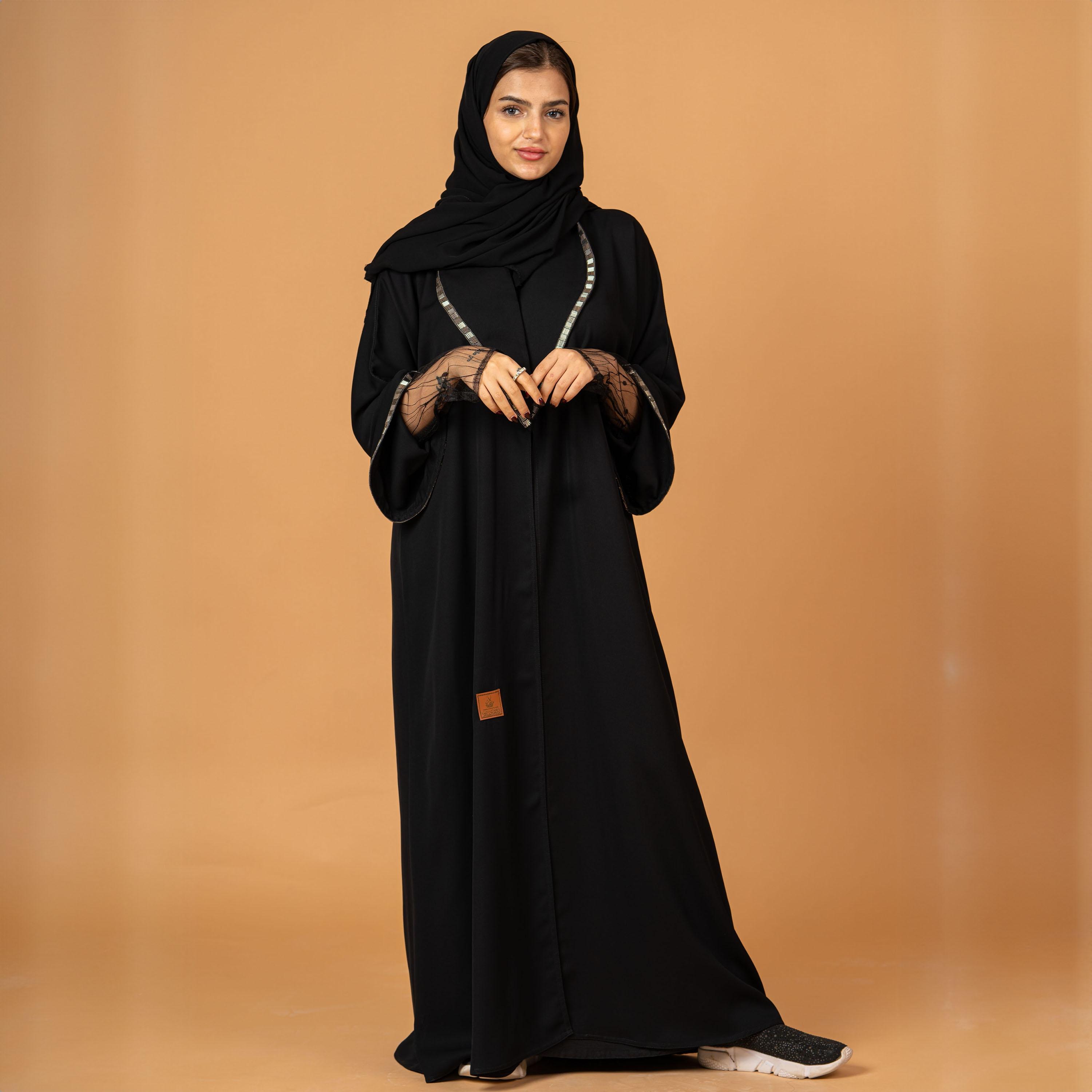 Zahiyh Crystal and Lace Detailed Sleeves Open Front Abaya with Hijab-women-arabicclothing-abayas-image-1