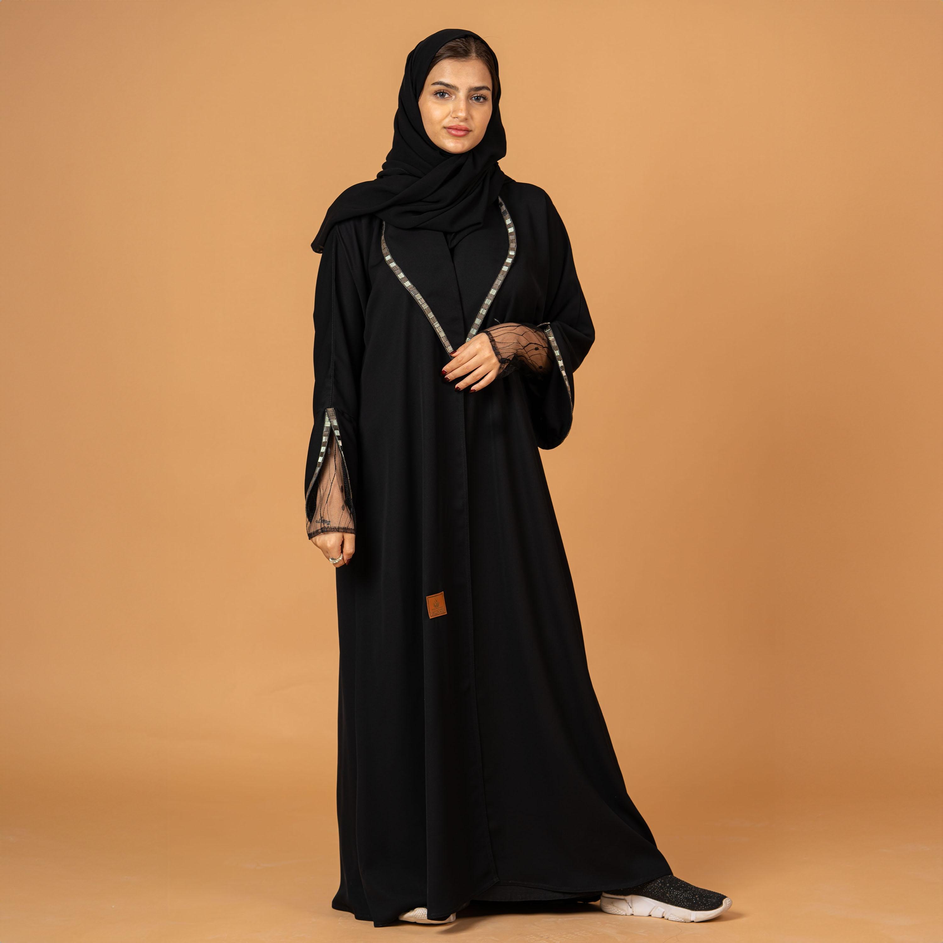 Zahiyh Crystal and Lace Detailed Sleeves Open Front Abaya with Hijab-women-arabicclothing-abayas-image-2