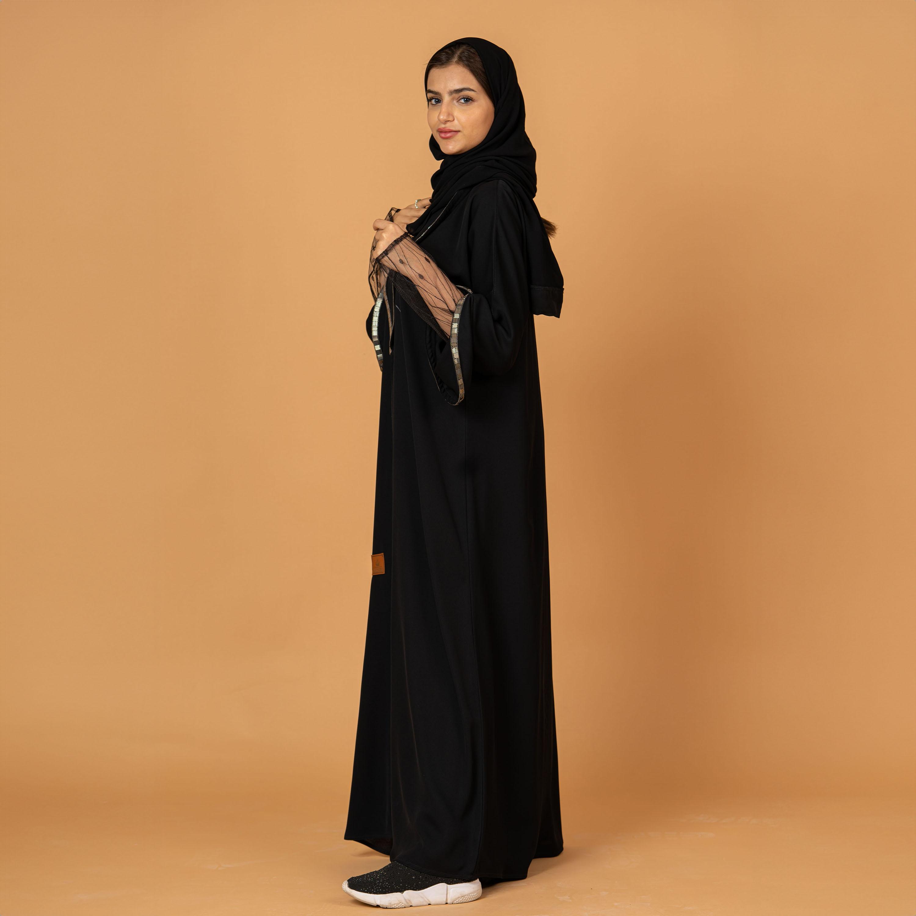 Zahiyh Crystal and Lace Detailed Sleeves Open Front Abaya with Hijab-women-arabicclothing-abayas-image-3