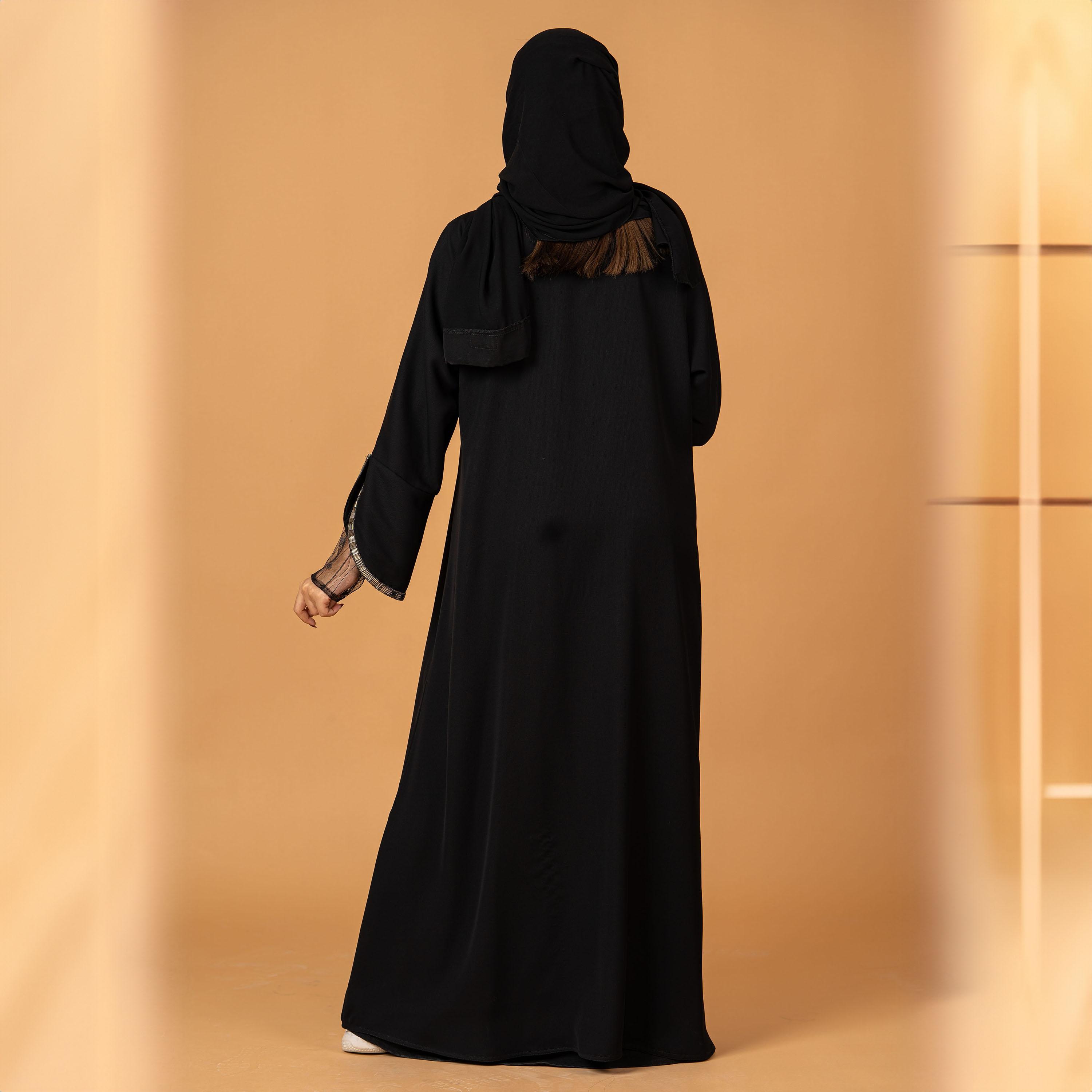 Zahiyh Crystal and Lace Detailed Sleeves Open Front Abaya with Hijab-women-arabicclothing-abayas-image-4