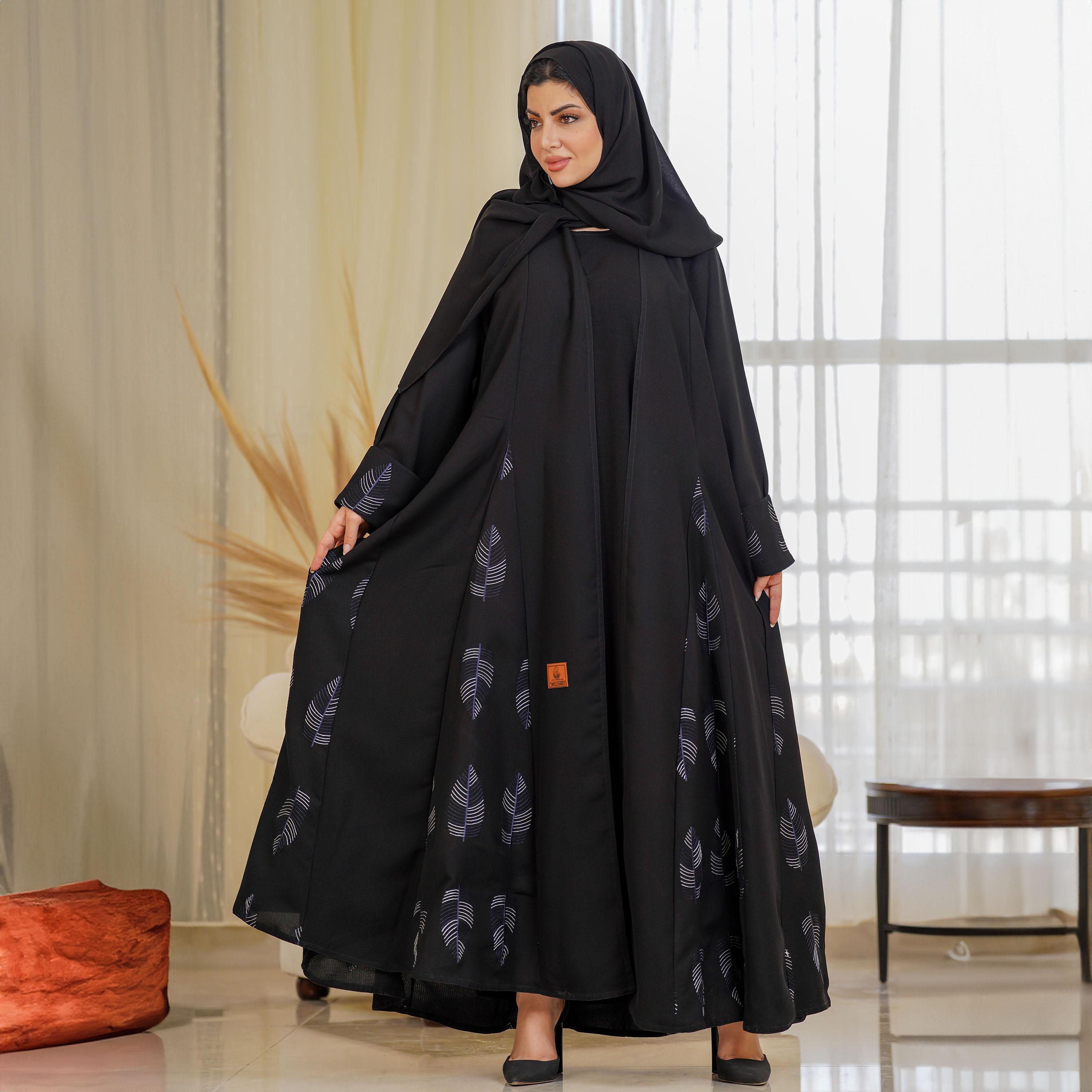 Zahiyh Spike Embroidered Open Front Abaya with Hijab-women-arabicclothing-abayas-image-1