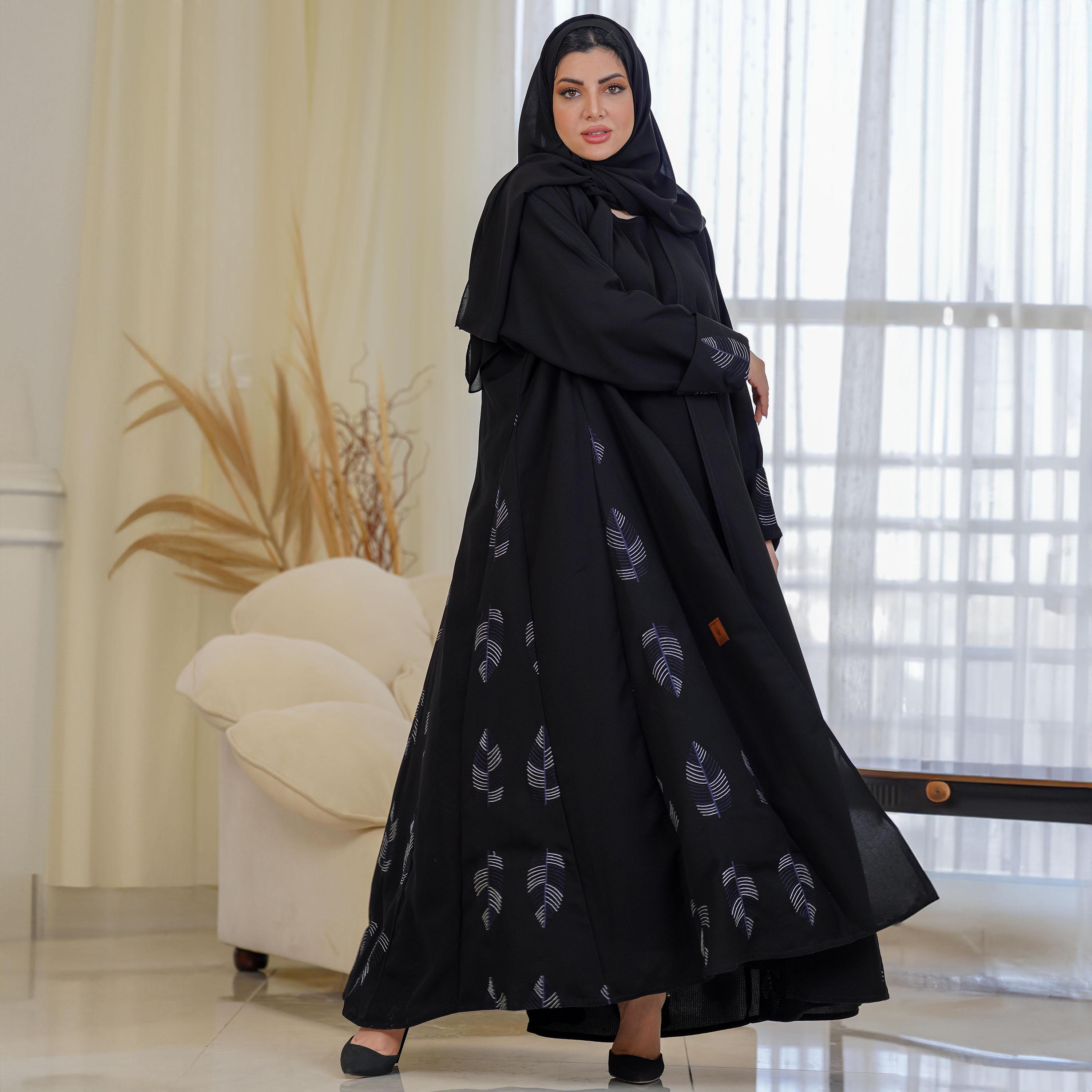 Zahiyh Spike Embroidered Open Front Abaya with Hijab-women-arabicclothing-abayas-image-2