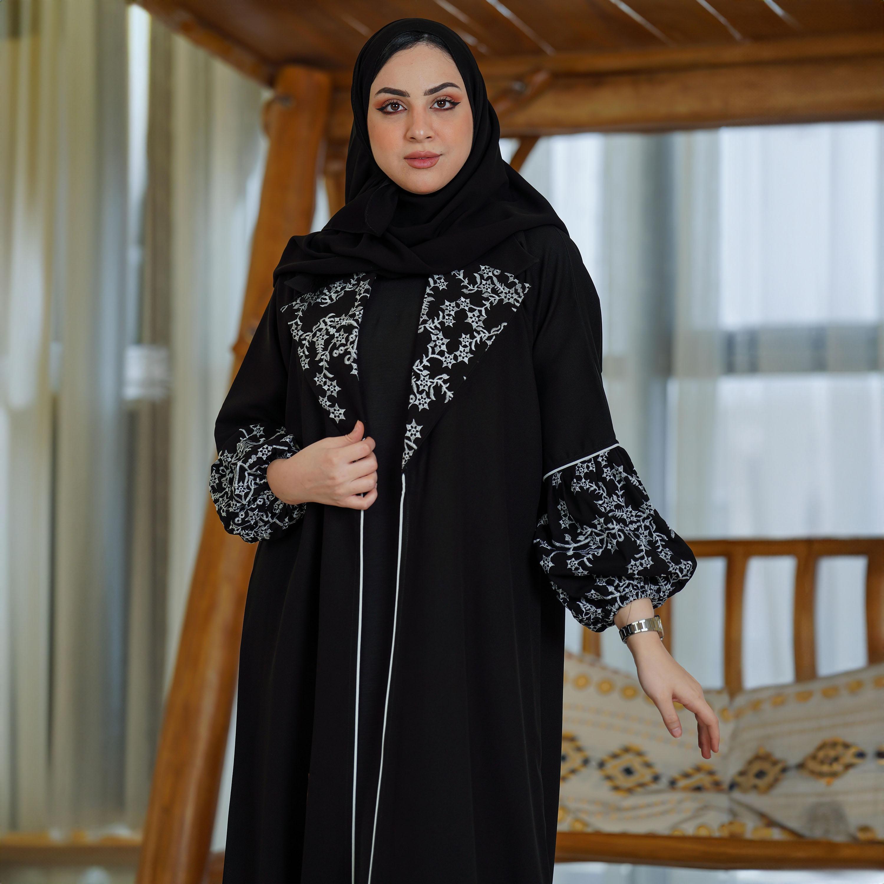 Zahiyh Black Shawl Lapel Embroidered Abaya with Tarha-women-arabicclothing-abayas-image-2