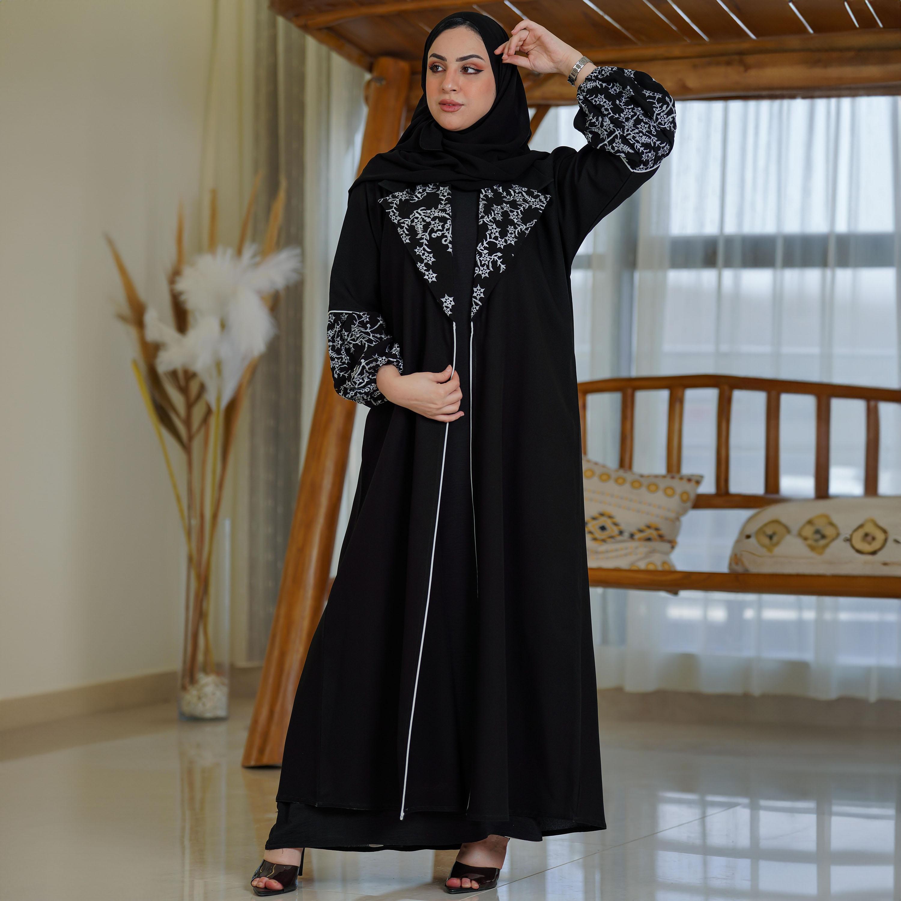 Zahiyh Black Shawl Lapel Embroidered Abaya with Tarha-women-arabicclothing-abayas-image-3