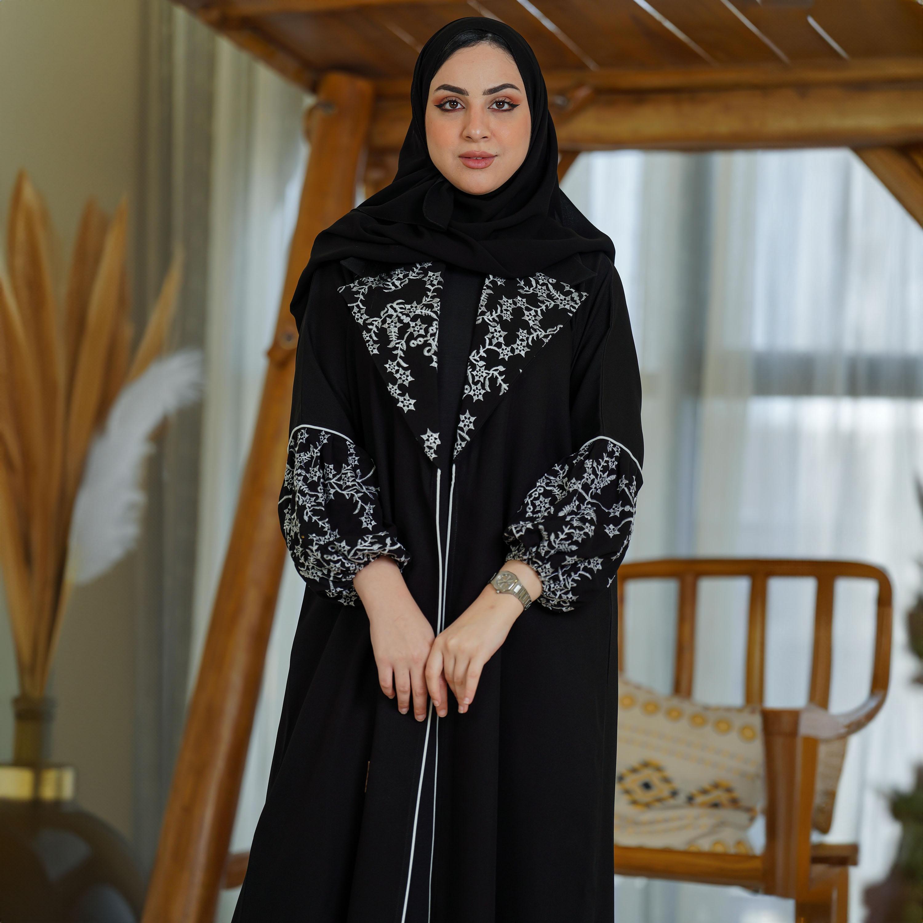 Zahiyh Black Shawl Lapel Embroidered Abaya with Tarha-women-arabicclothing-abayas-image-4