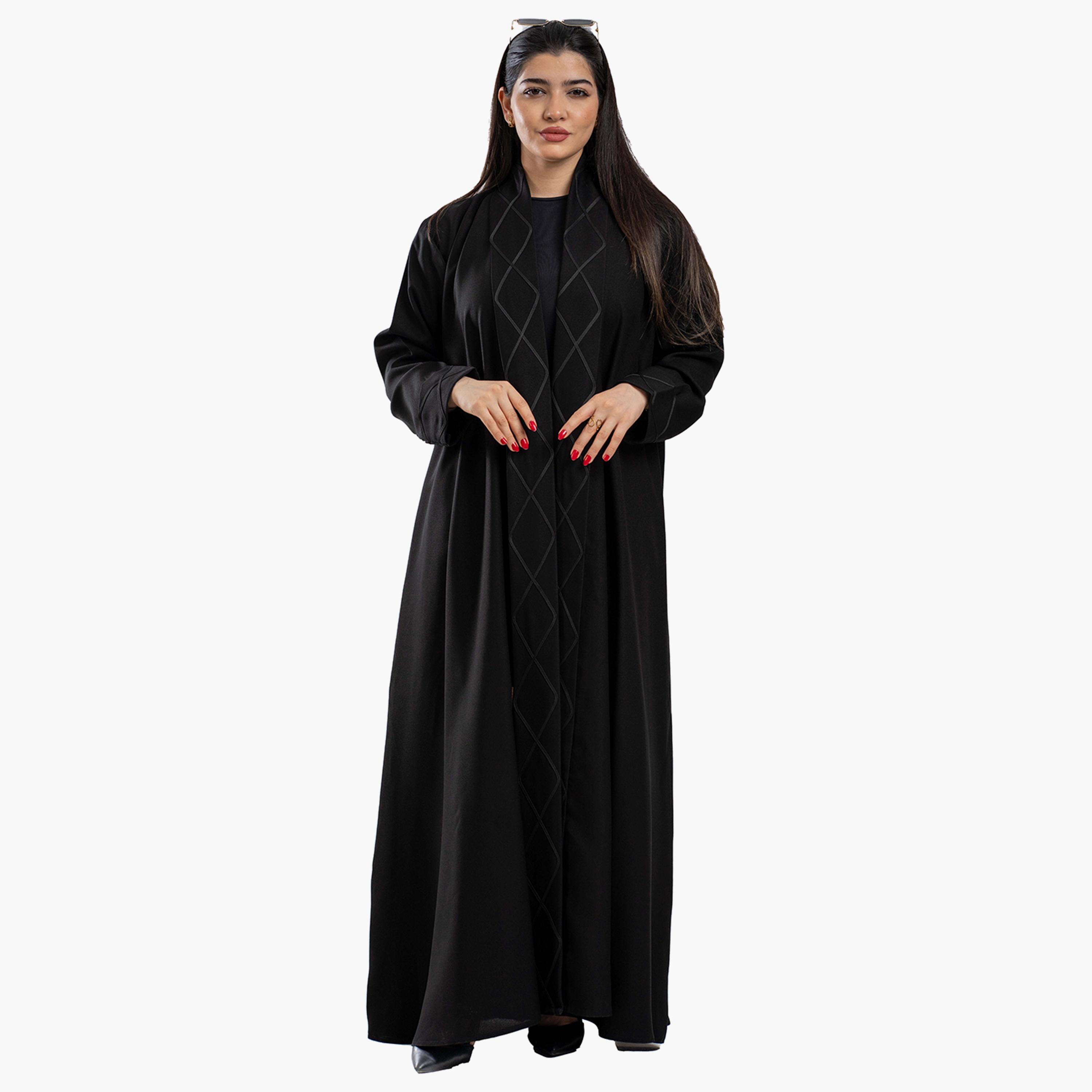 Zahiyh Geometric Patterned Open Front Classic Abaya with Hijab-women-arabicclothing-abayas-image-1