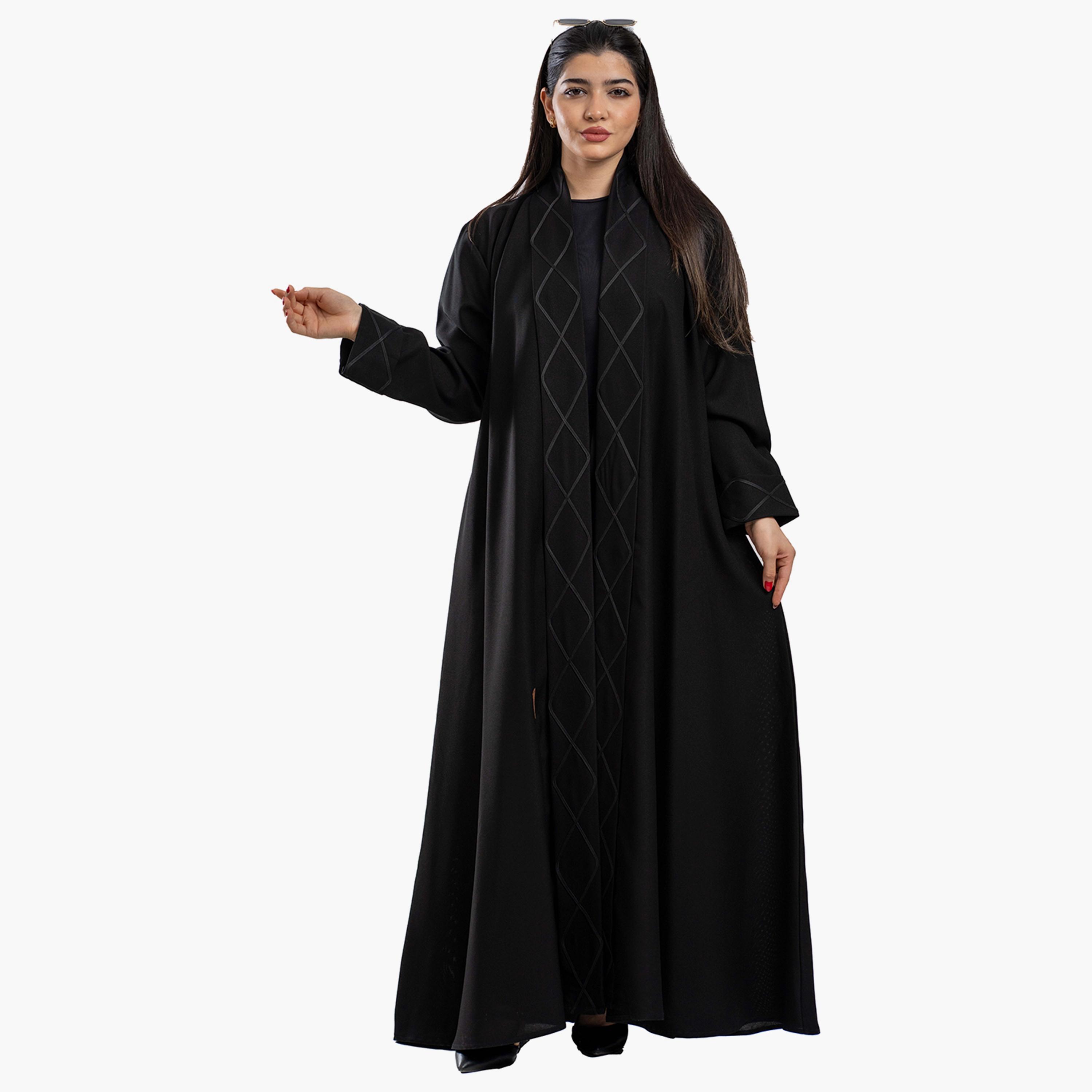 Zahiyh Geometric Patterned Open Front Classic Abaya with Hijab-women-arabicclothing-abayas-image-2