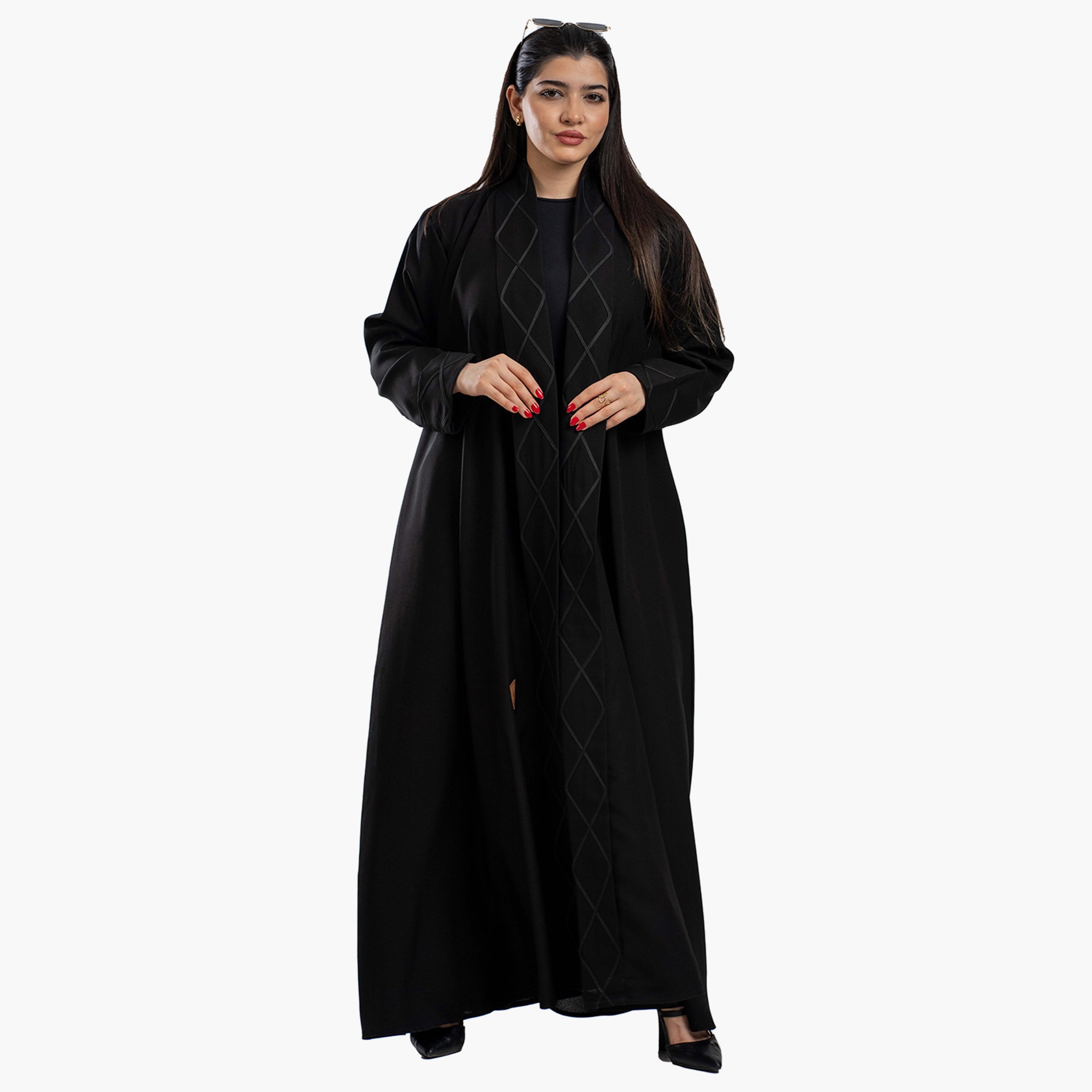 Zahiyh Geometric Patterned Open Front Classic Abaya with Hijab-women-arabicclothing-abayas-image-3