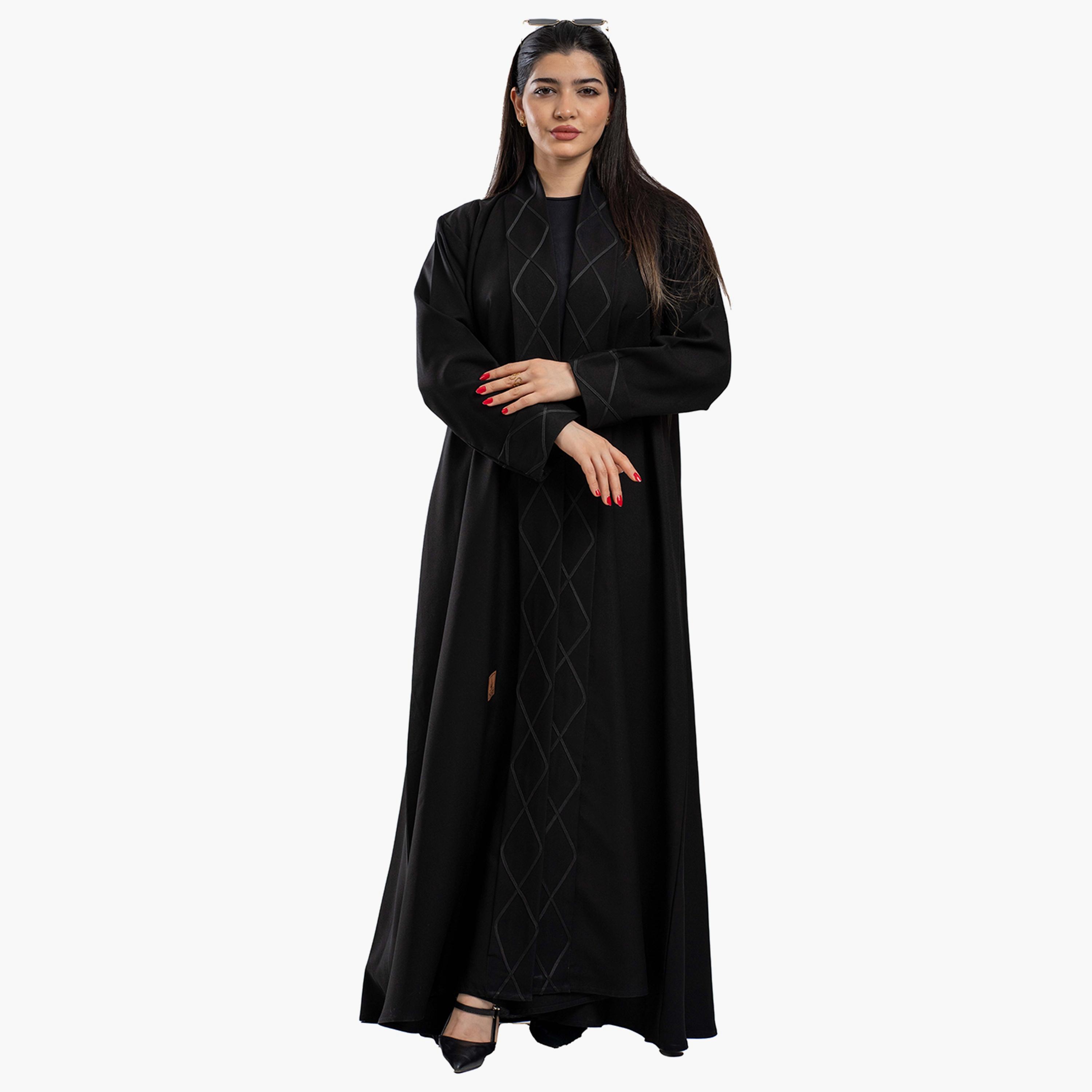 Zahiyh Geometric Patterned Open Front Classic Abaya with Hijab-women-arabicclothing-abayas-image-4