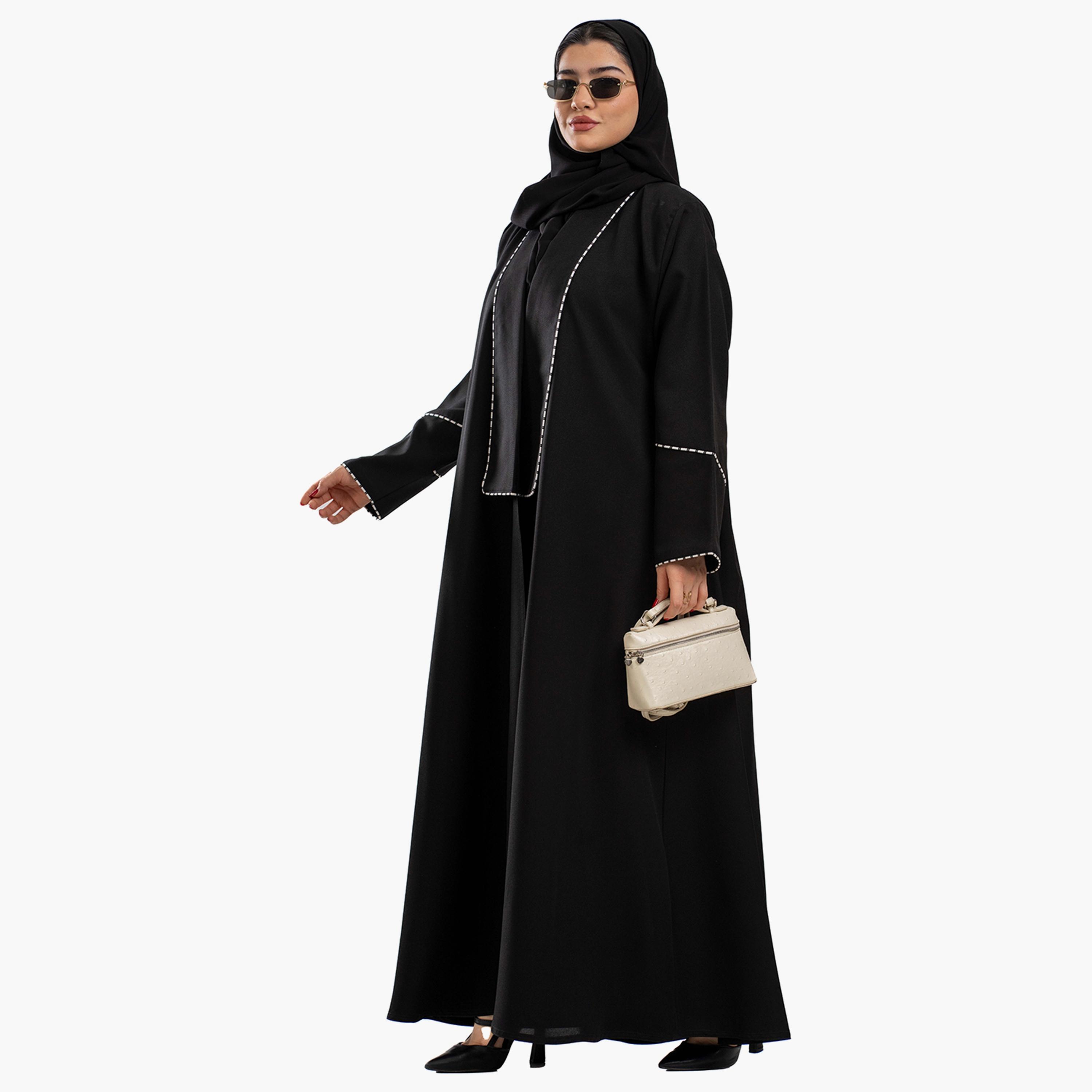 Zahiyh Piping Detail Open Front Abaya with Hijab-women-arabicclothing-abayas-image-2