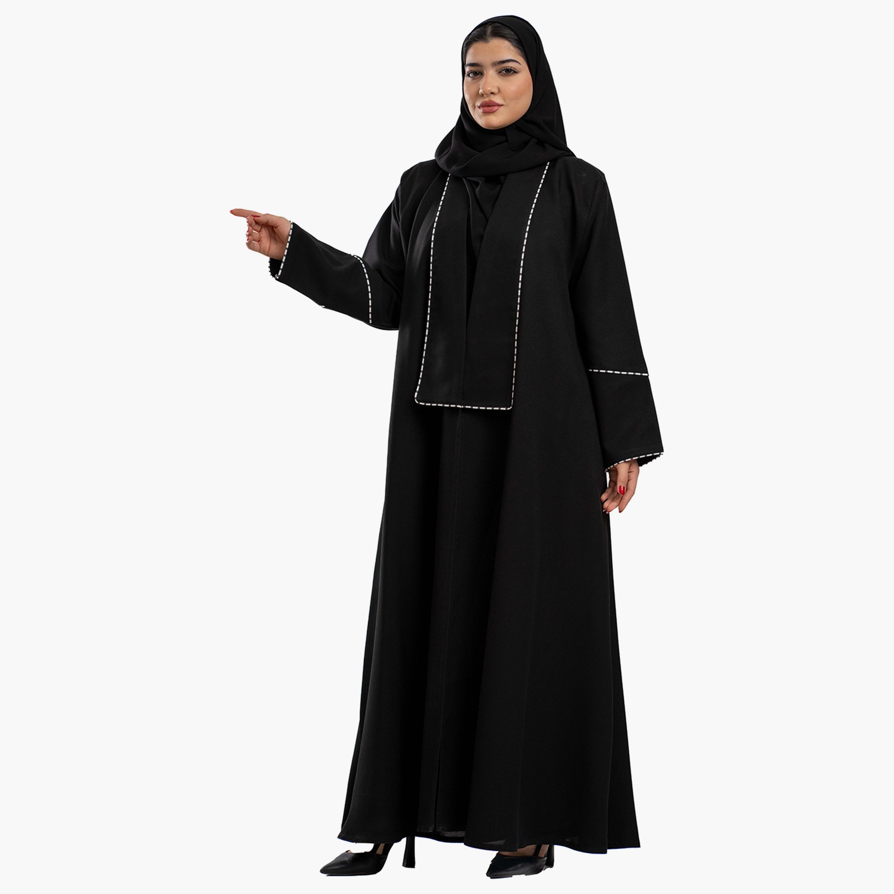Zahiyh Piping Detail Open Front Abaya with Hijab-women-arabicclothing-abayas-image-3
