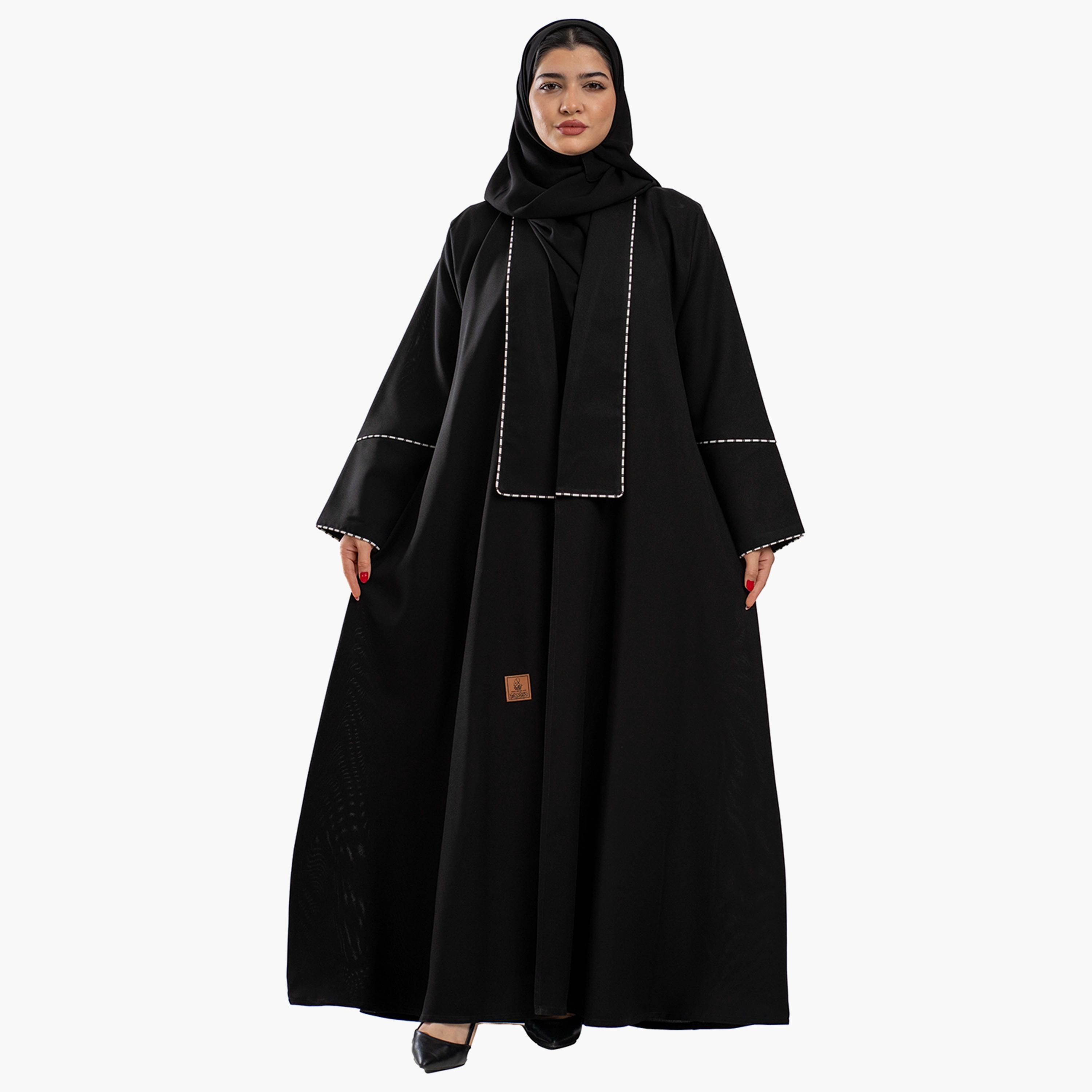 Zahiyh Piping Detail Open Front Abaya with Hijab-women-arabicclothing-abayas-image-4