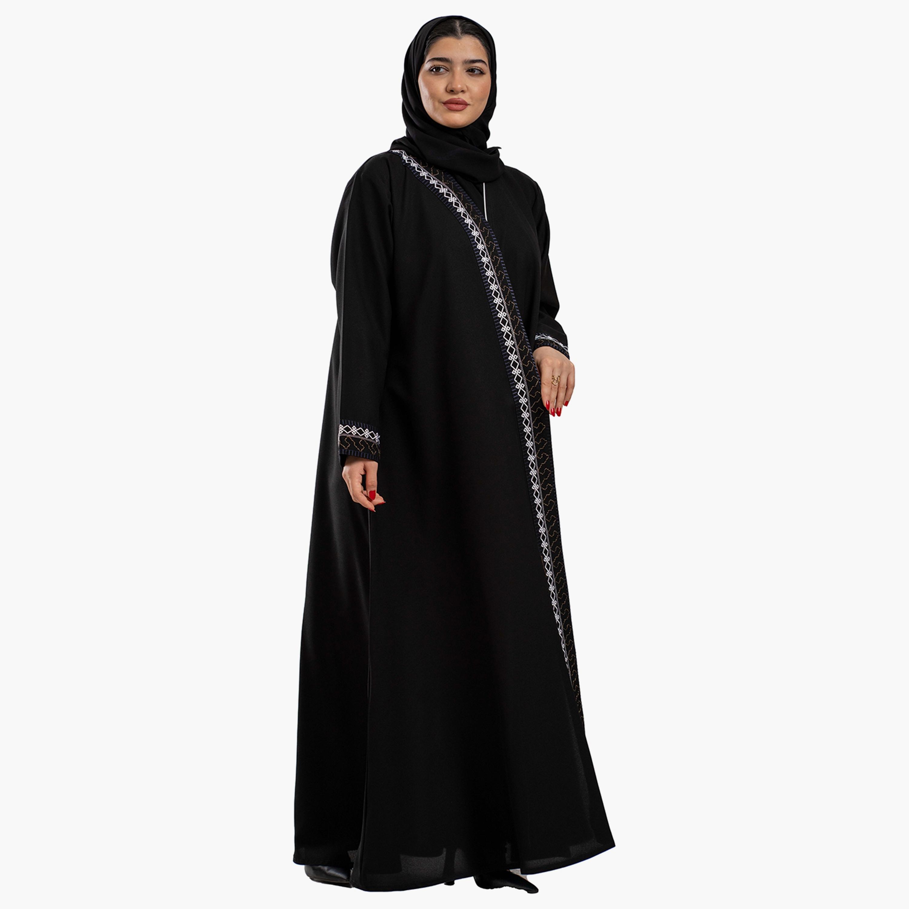 Zahiyh Piping Detail Open Front Abaya with Hijab-women-arabicclothing-abayas-image-2
