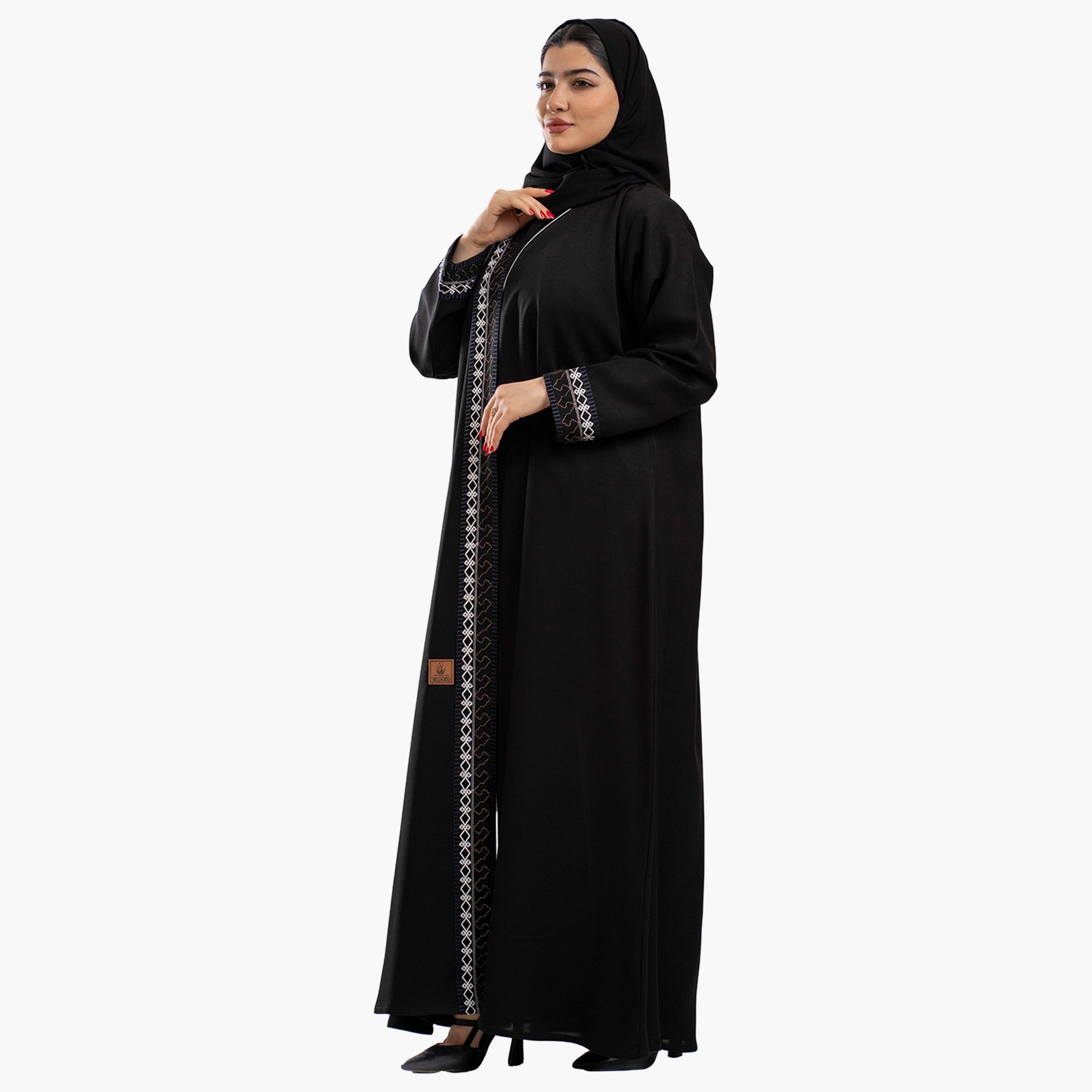 Zahiyh Piping Detail Open Front Abaya with Hijab-women-arabicclothing-abayas-image-3
