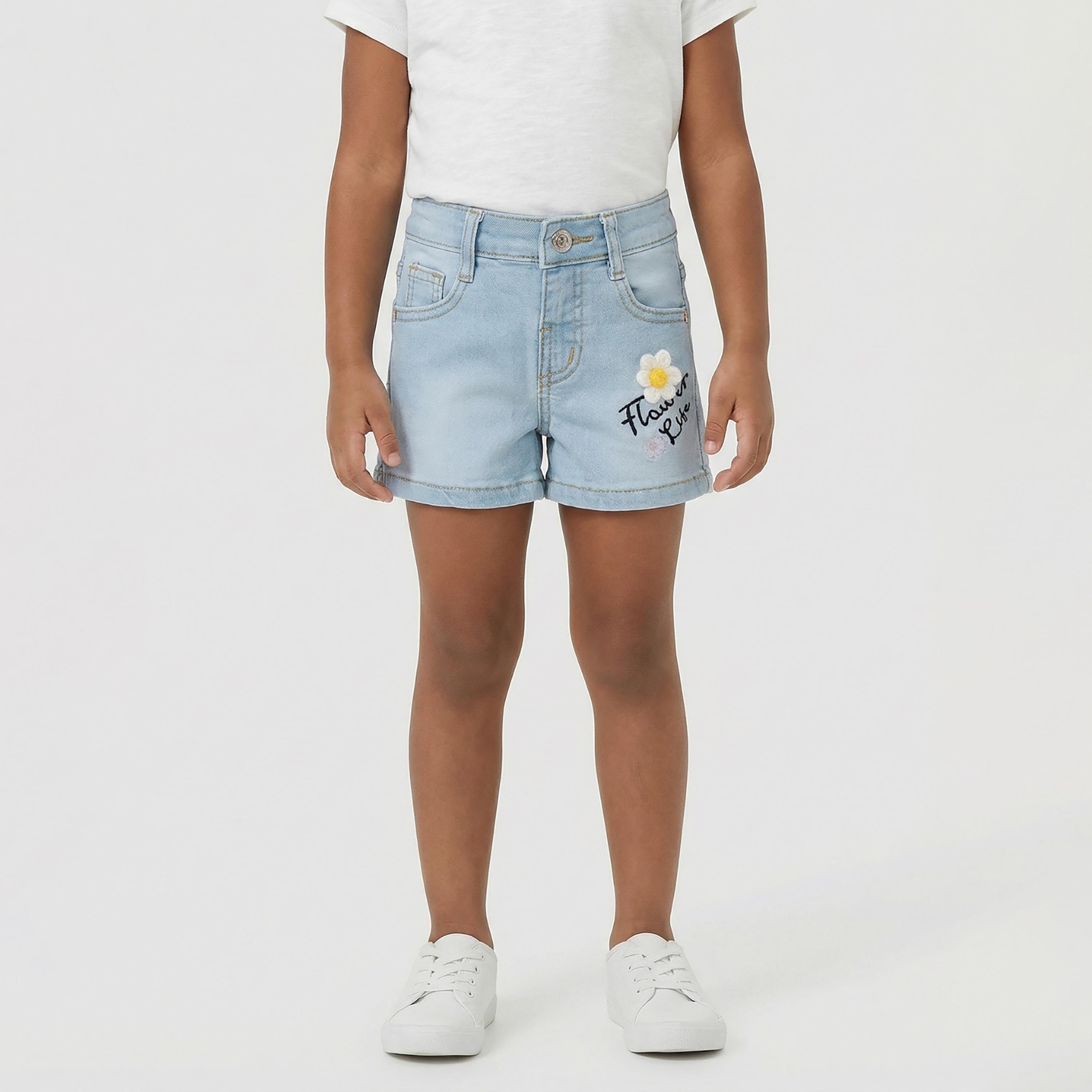 Babyqlo Flower Embroidered Adjustable Waist Denim Shorts-girls-clothing-bottoms-shorts-image-1