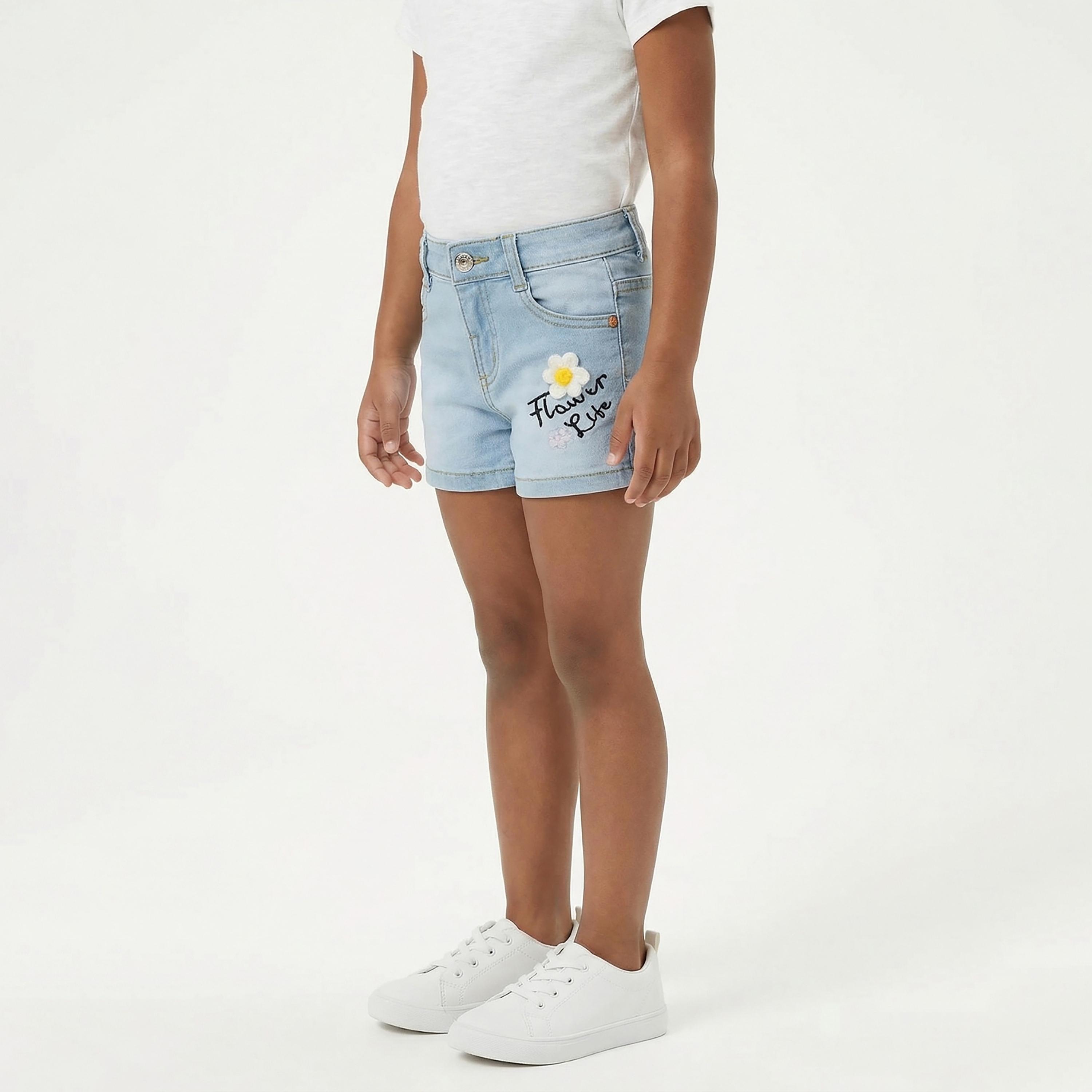Babyqlo Flower Embroidered Adjustable Waist Denim Shorts-girls-clothing-bottoms-shorts-image-3