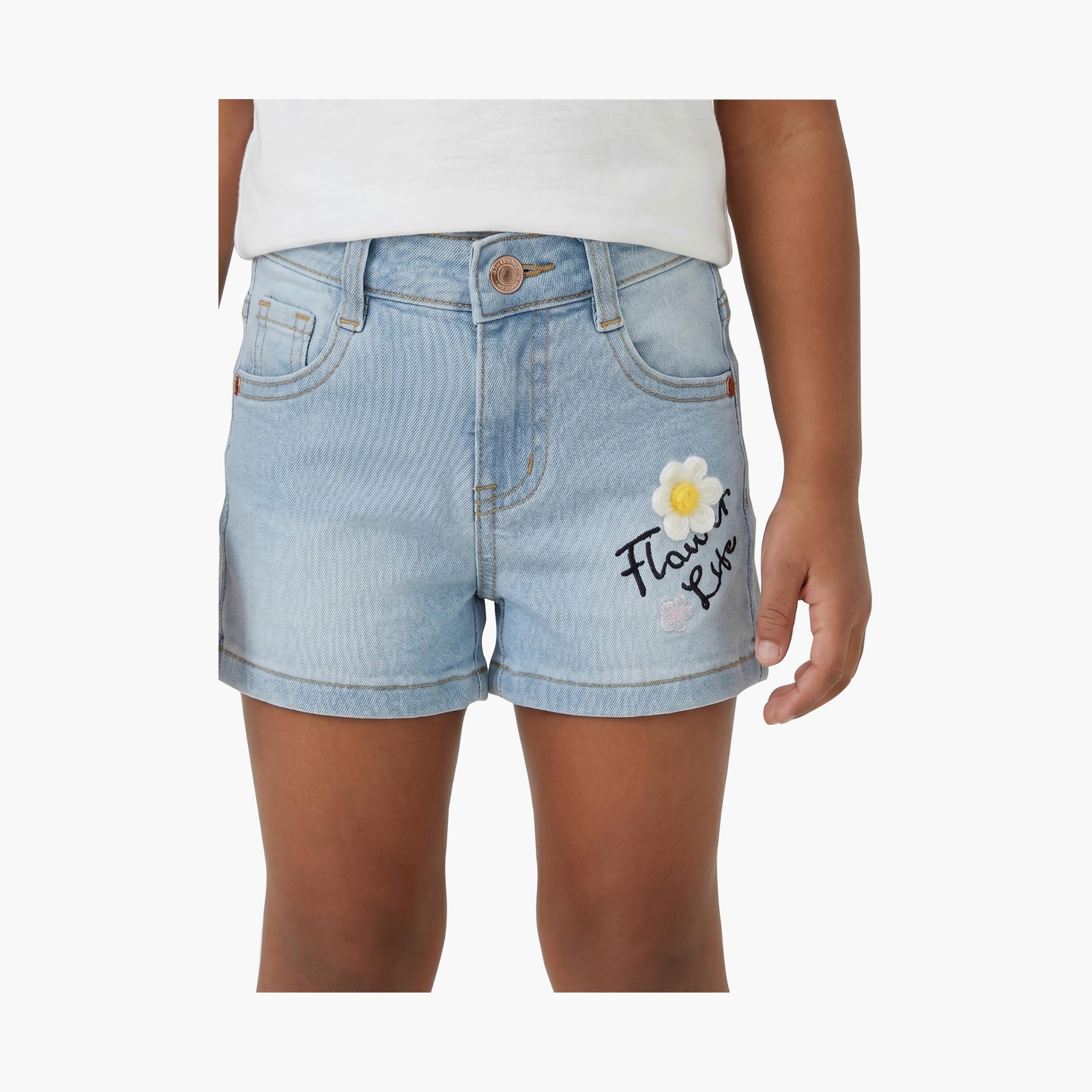 Babyqlo Flower Embroidered Adjustable Waist Denim Shorts-girls-clothing-bottoms-shorts-image-4