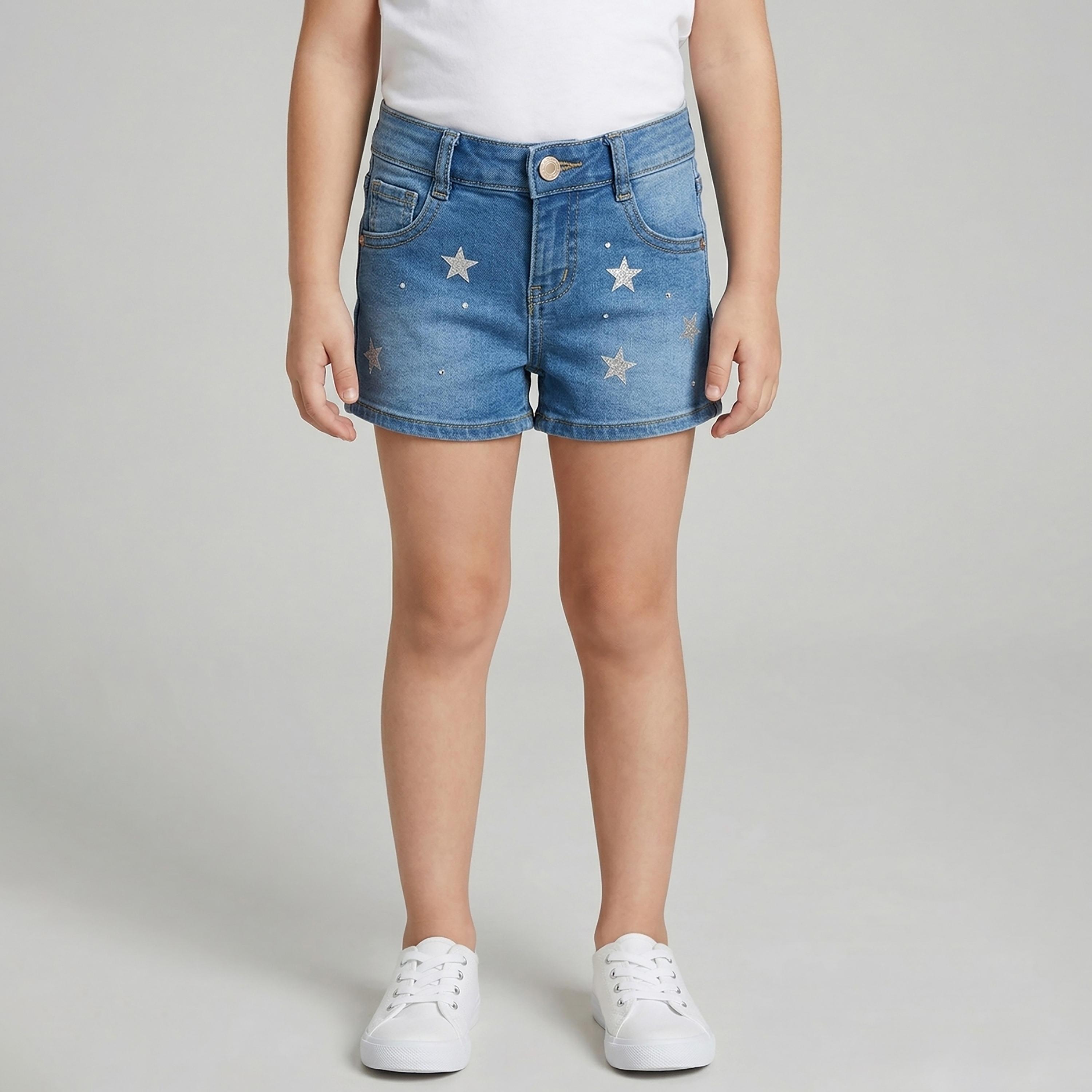 Babyqlo Star Printed Adjustable Waist Denim Shorts-girls-clothing-bottoms-shorts-image-1