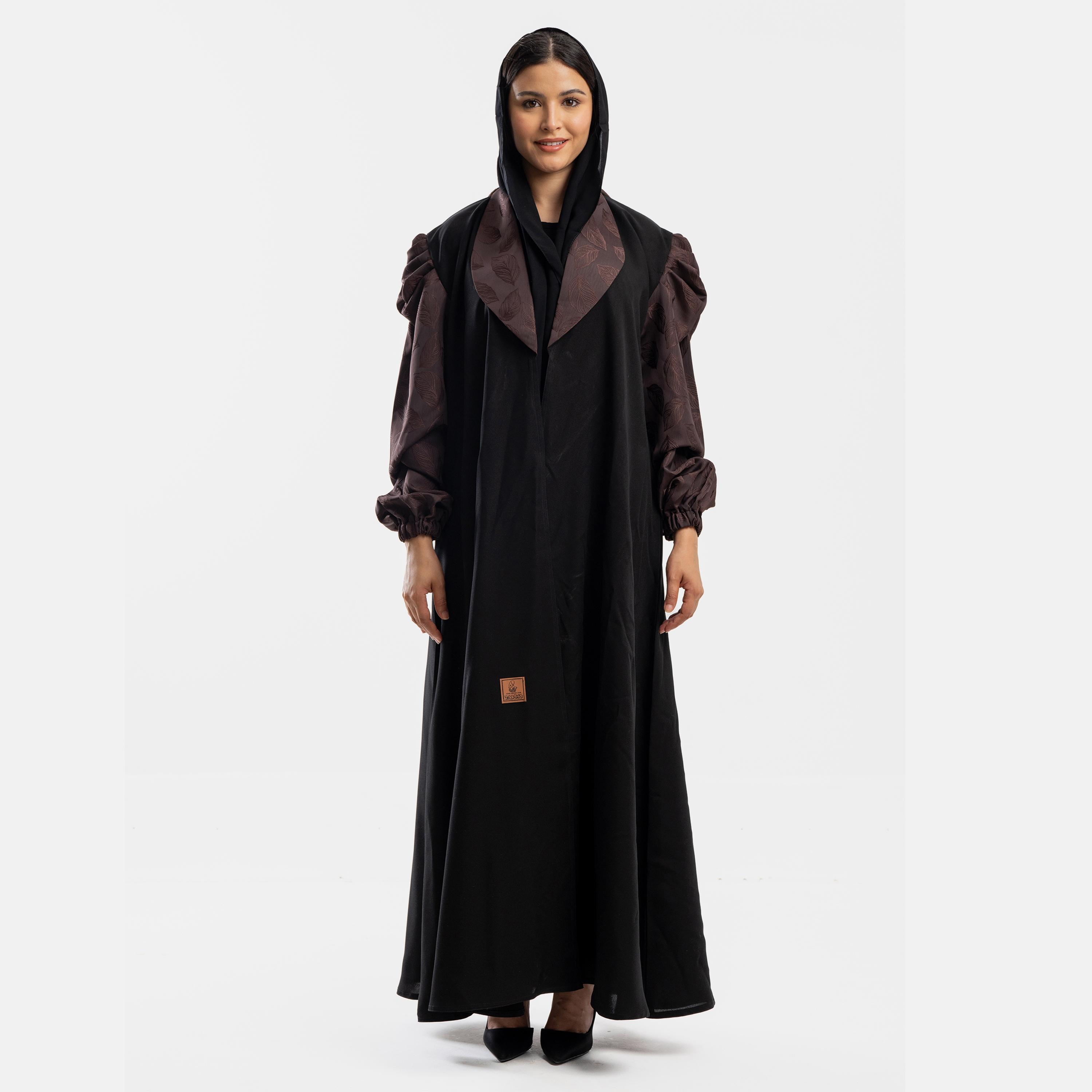 Zahiyh Colour Blocked Notch Lapel Collar Classic Abaya with Hijab-women-arabicclothing-abayas-image-1