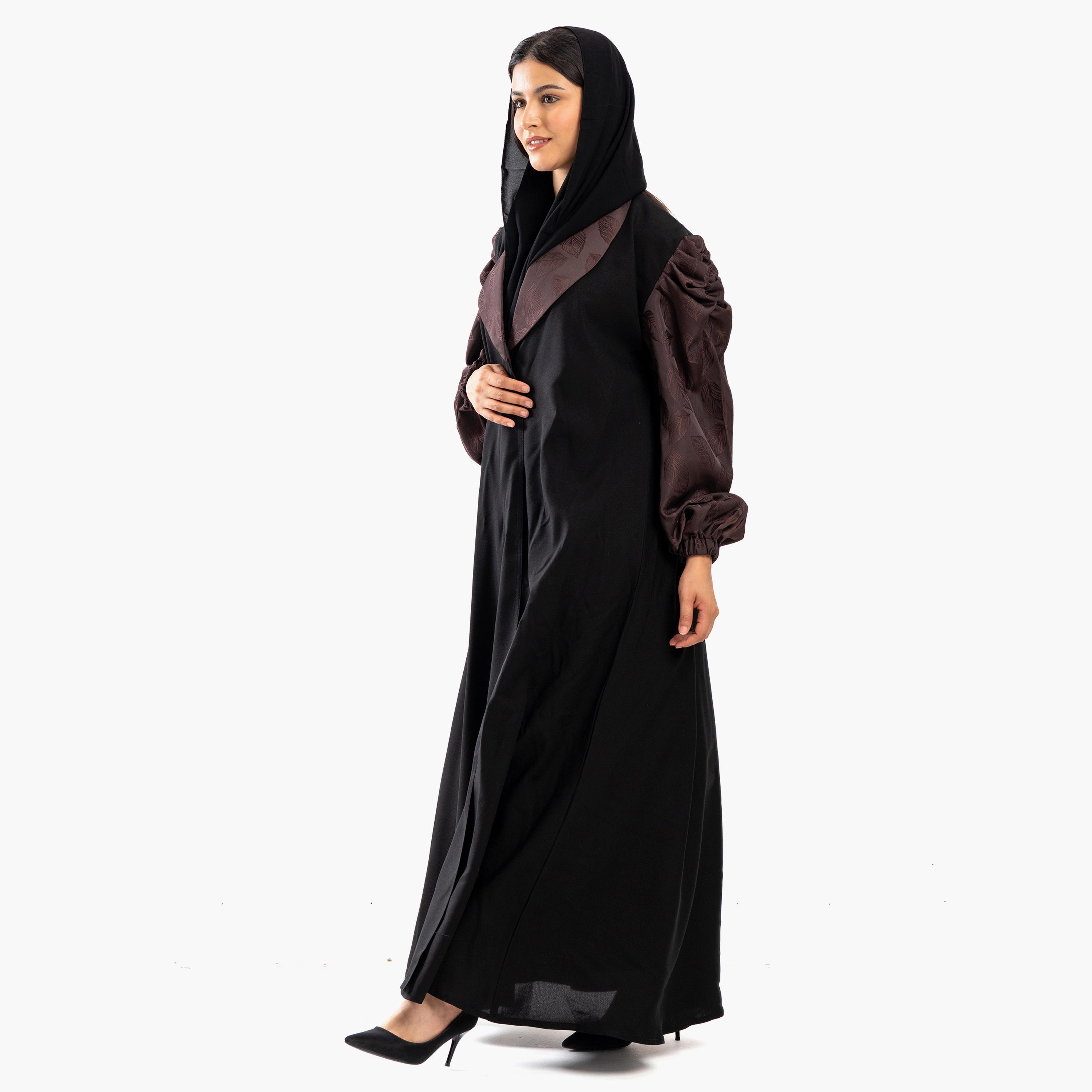 Zahiyh Colour Blocked Notch Lapel Collar Classic Abaya with Hijab-women-arabicclothing-abayas-image-2
