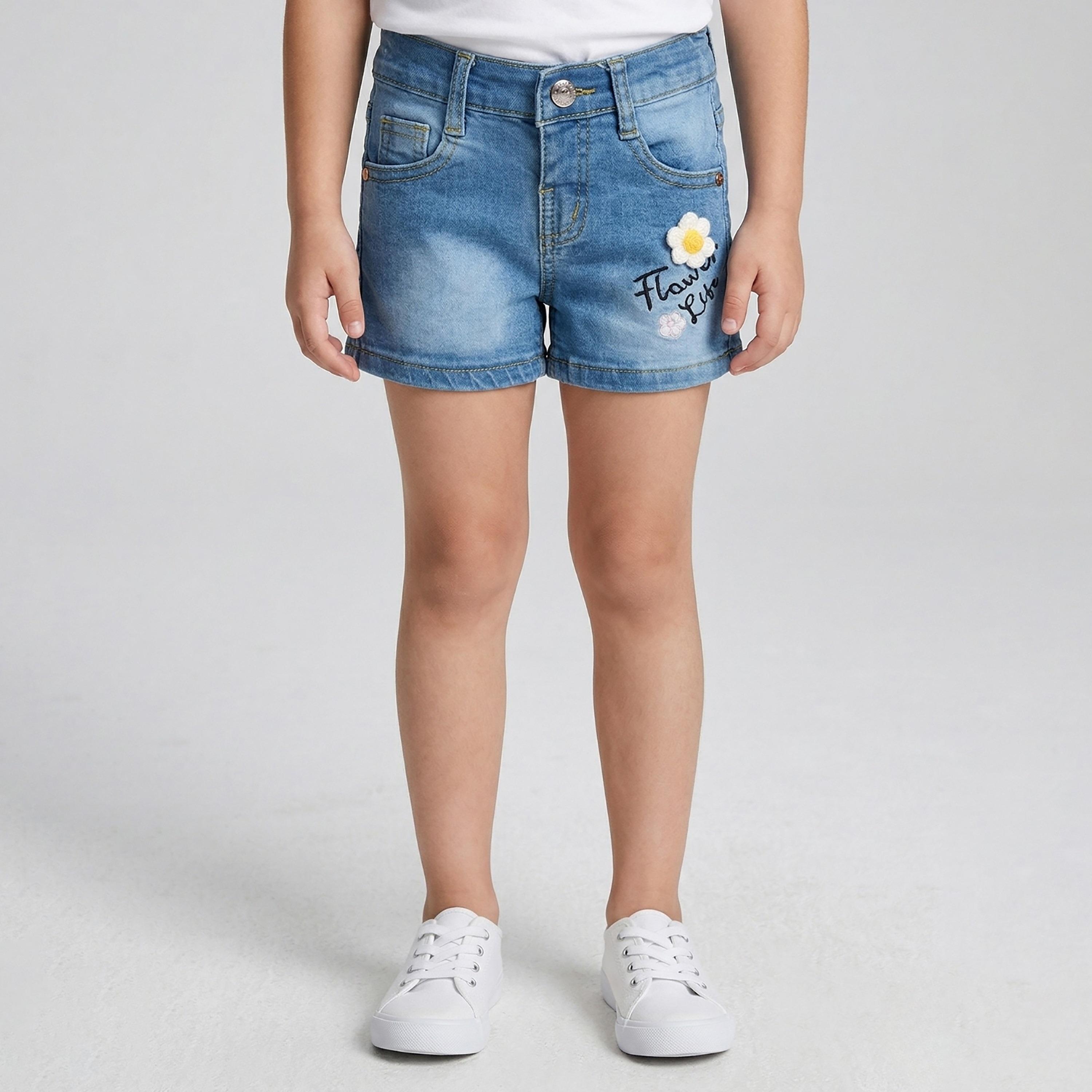 Babyqlo Flower Embroidered Adjustable Waist Denim Shorts-girls-clothing-bottoms-shorts-image-1