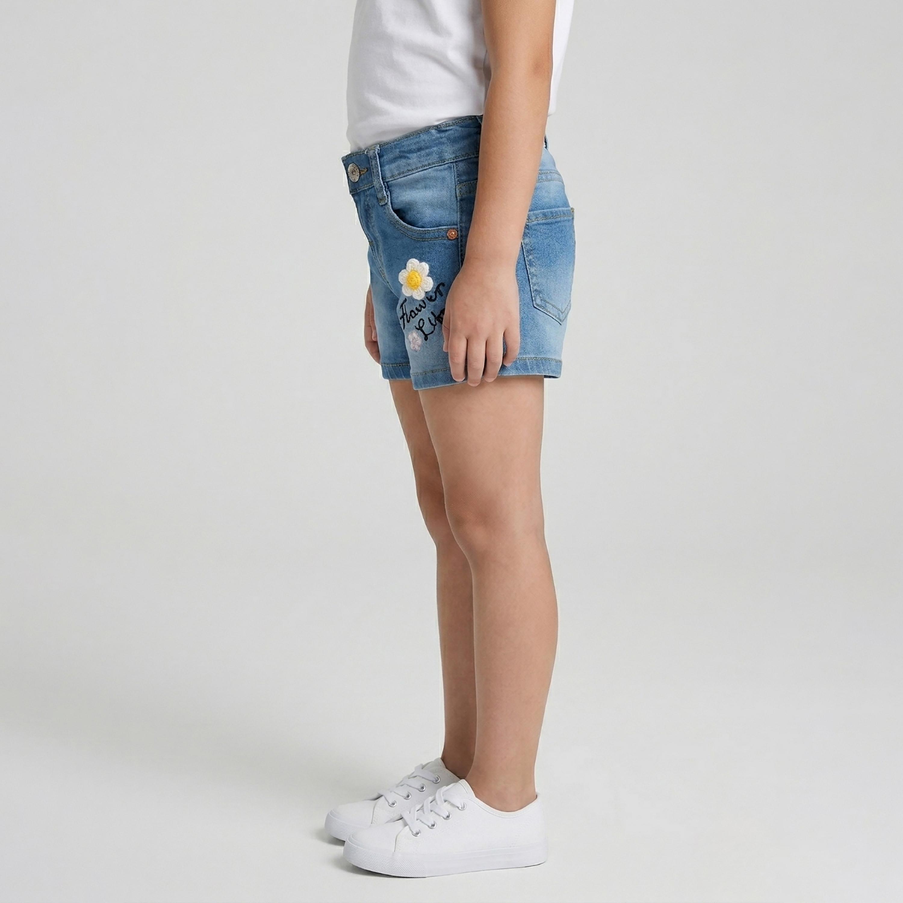 Babyqlo Flower Embroidered Adjustable Waist Denim Shorts-girls-clothing-bottoms-shorts-image-3