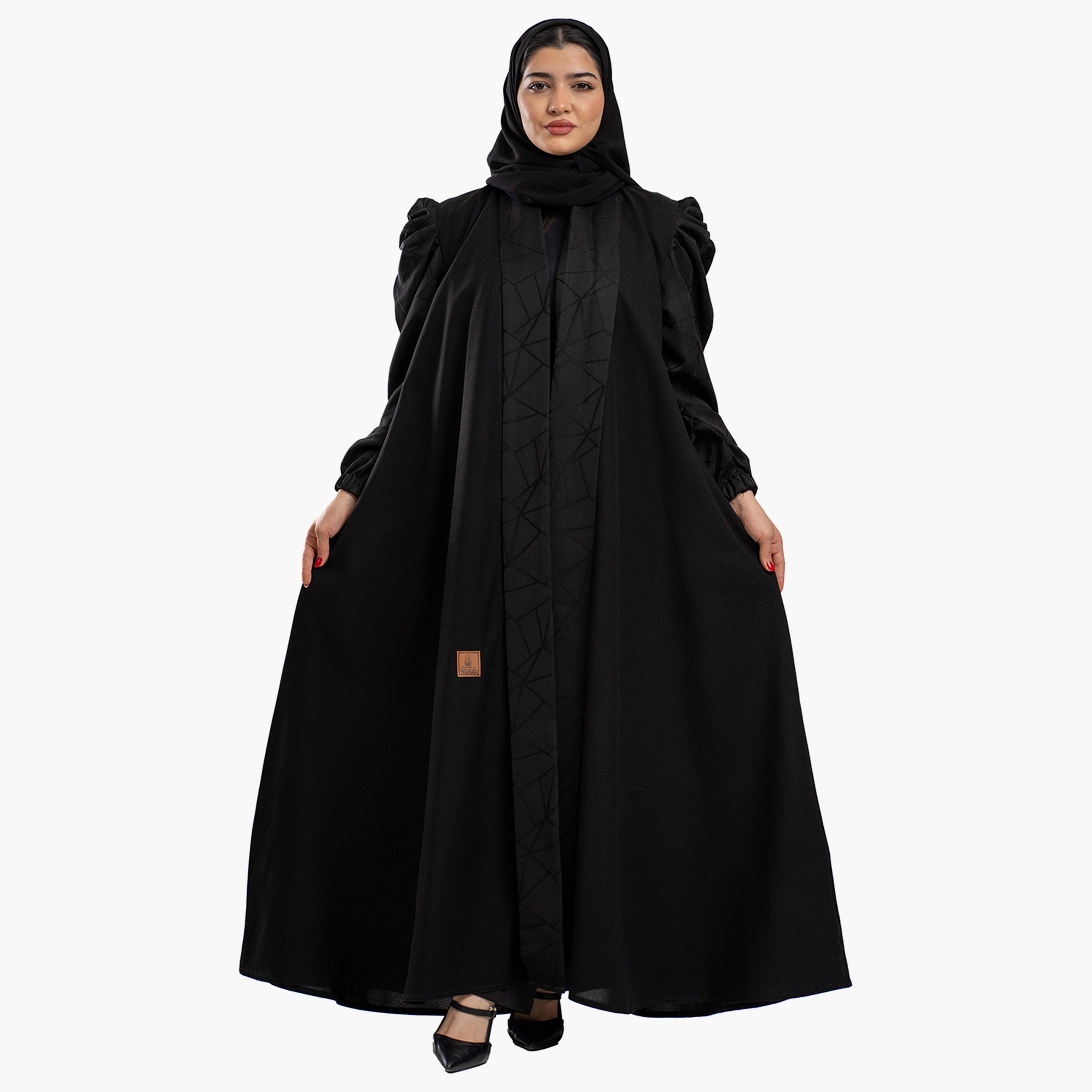 Zahiyh Patterned Puff Sleeves Abaya with Hijab-women-arabicclothing-abayas-image-1