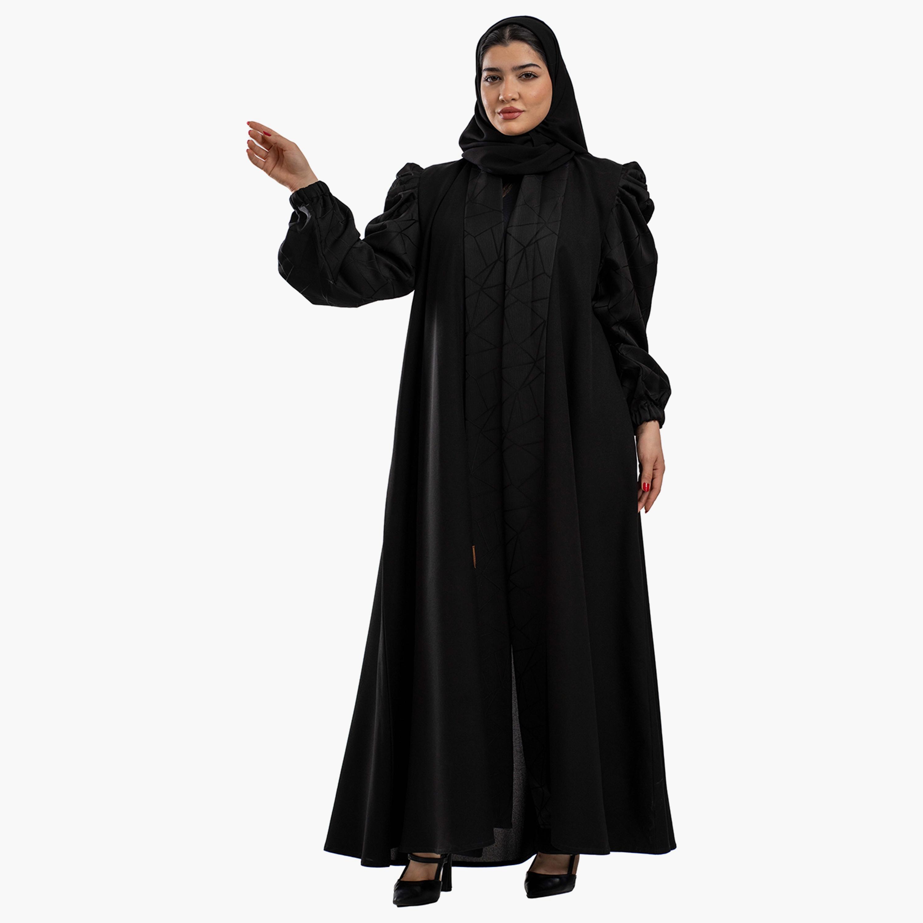 Zahiyh Patterned Puff Sleeves Abaya with Hijab-women-arabicclothing-abayas-image-2