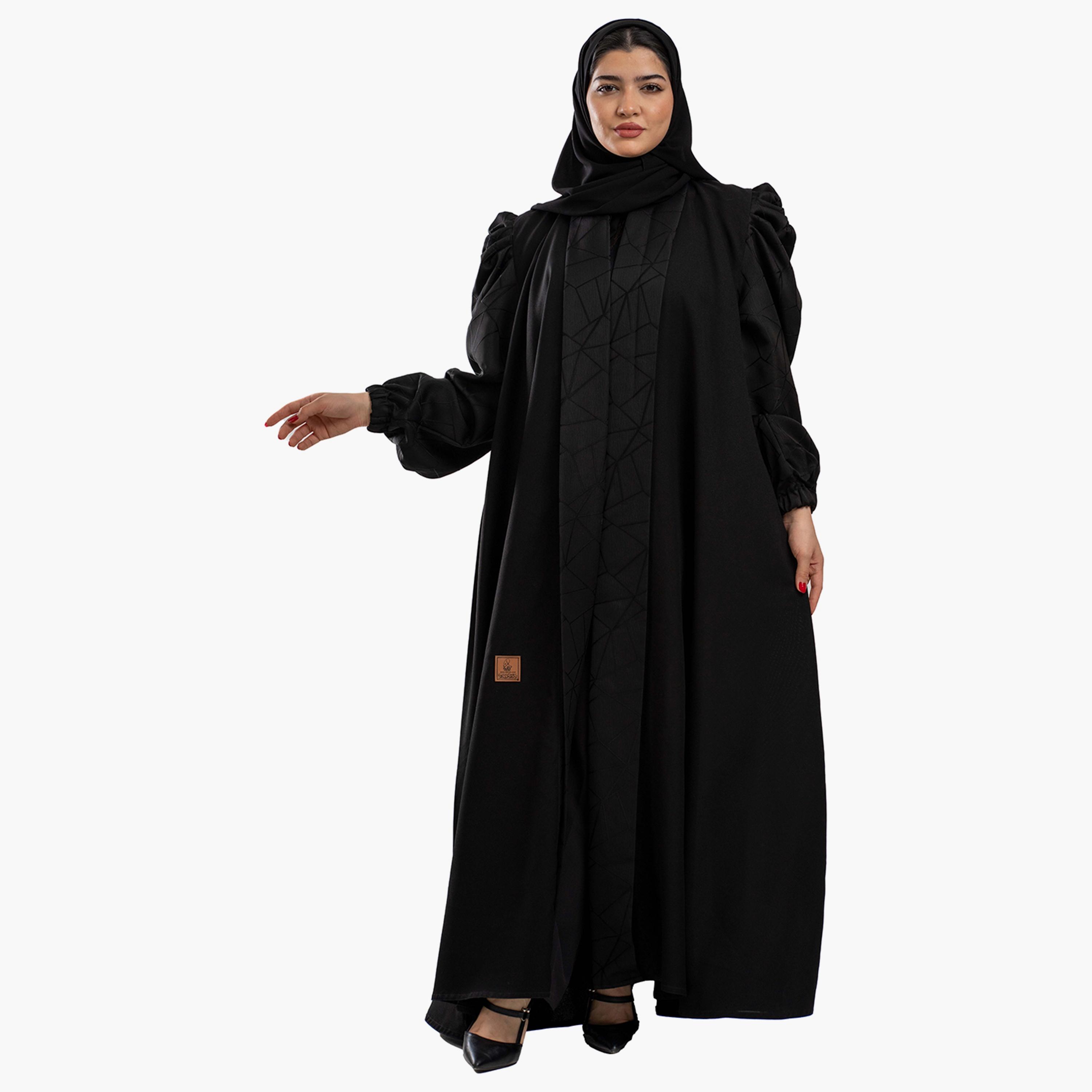 Zahiyh Patterned Puff Sleeves Abaya with Hijab-women-arabicclothing-abayas-image-3