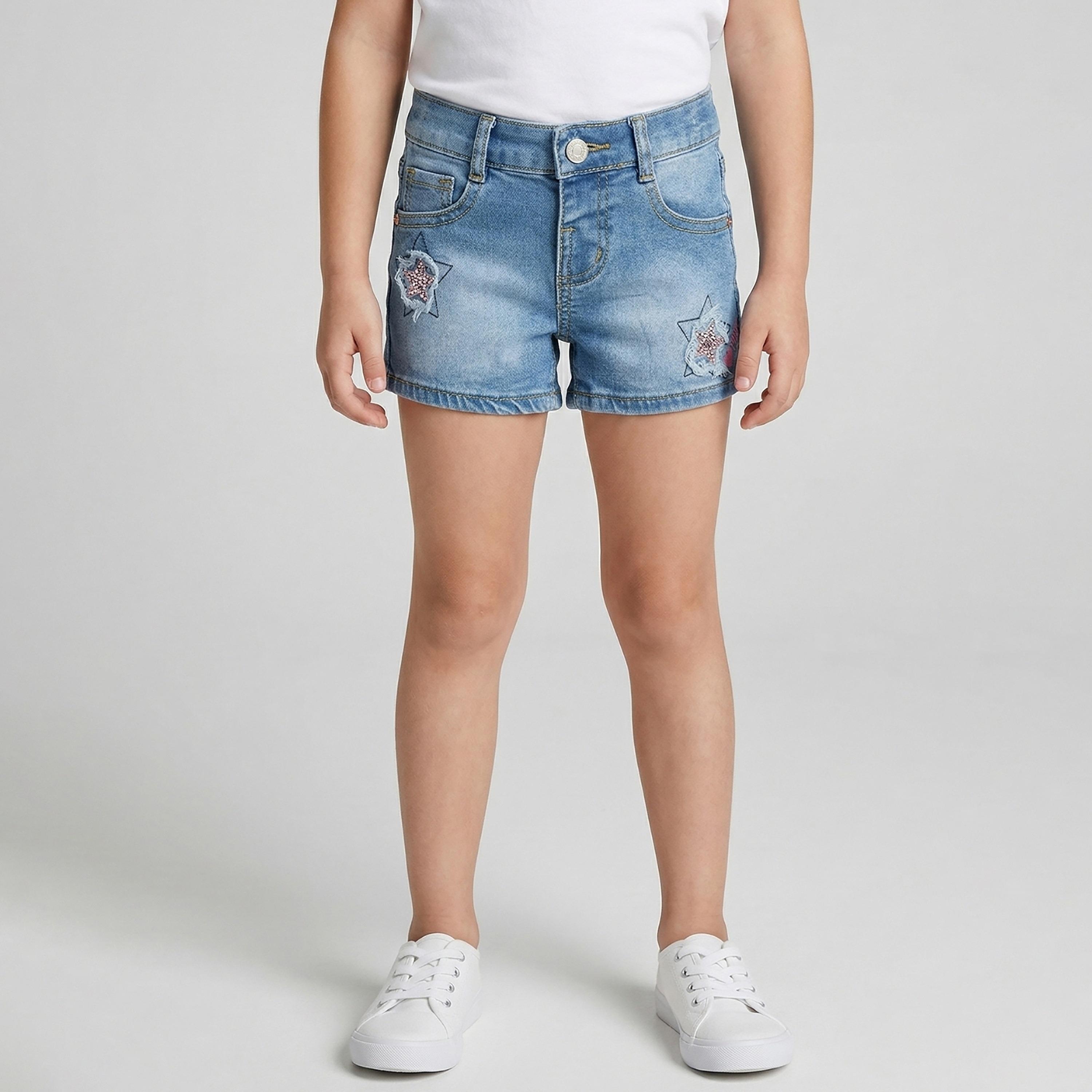 Babyqlo Embroidered Adjustable Waist Denim Shorts-girls-clothing-bottoms-shorts-image-1