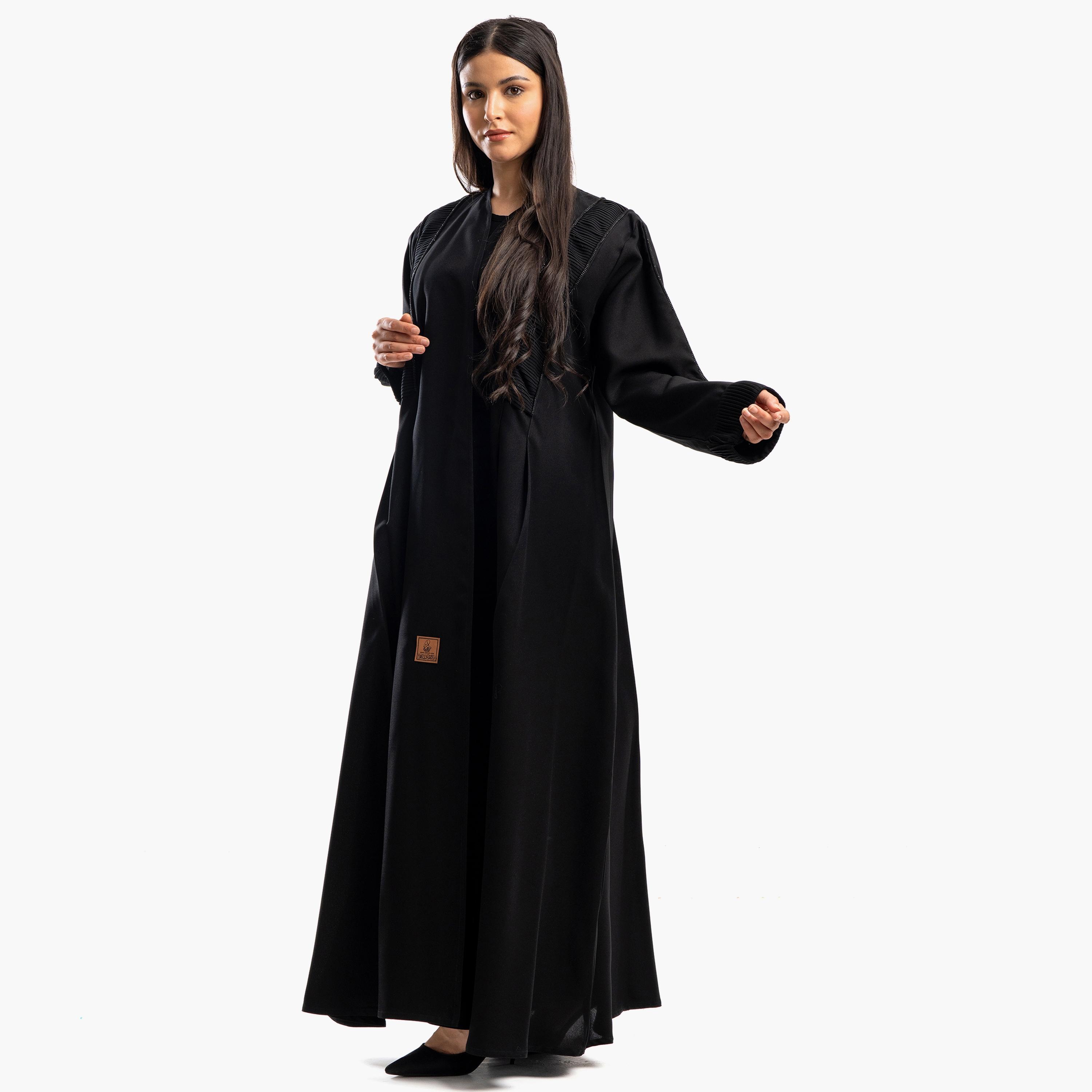 Zahiyh Crystal and Pleated Classic Abaya with Hijab-women-arabicclothing-abayas-image-1
