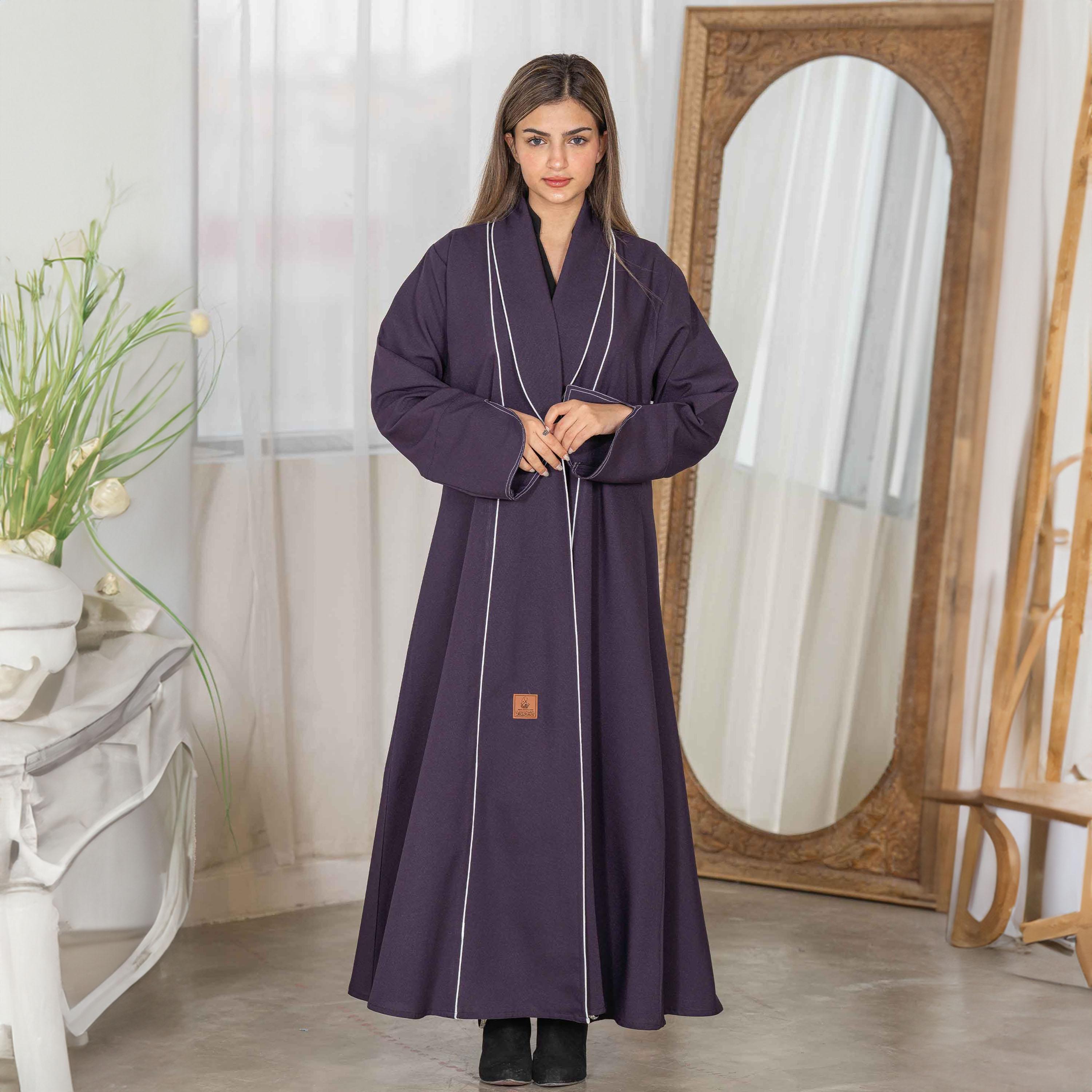 Zahiyh Piping Detail Coat Style Abaya with Hijab-women-arabicclothing-abayas-image-1