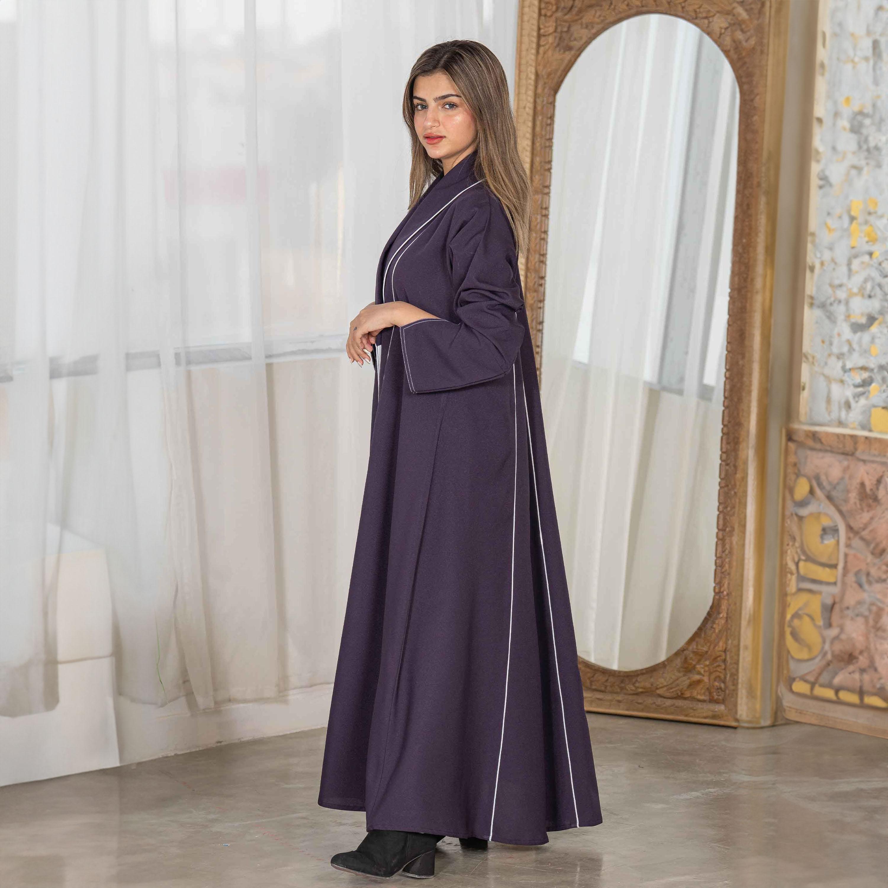 Zahiyh Piping Detail Coat Style Abaya with Hijab-women-arabicclothing-abayas-image-3