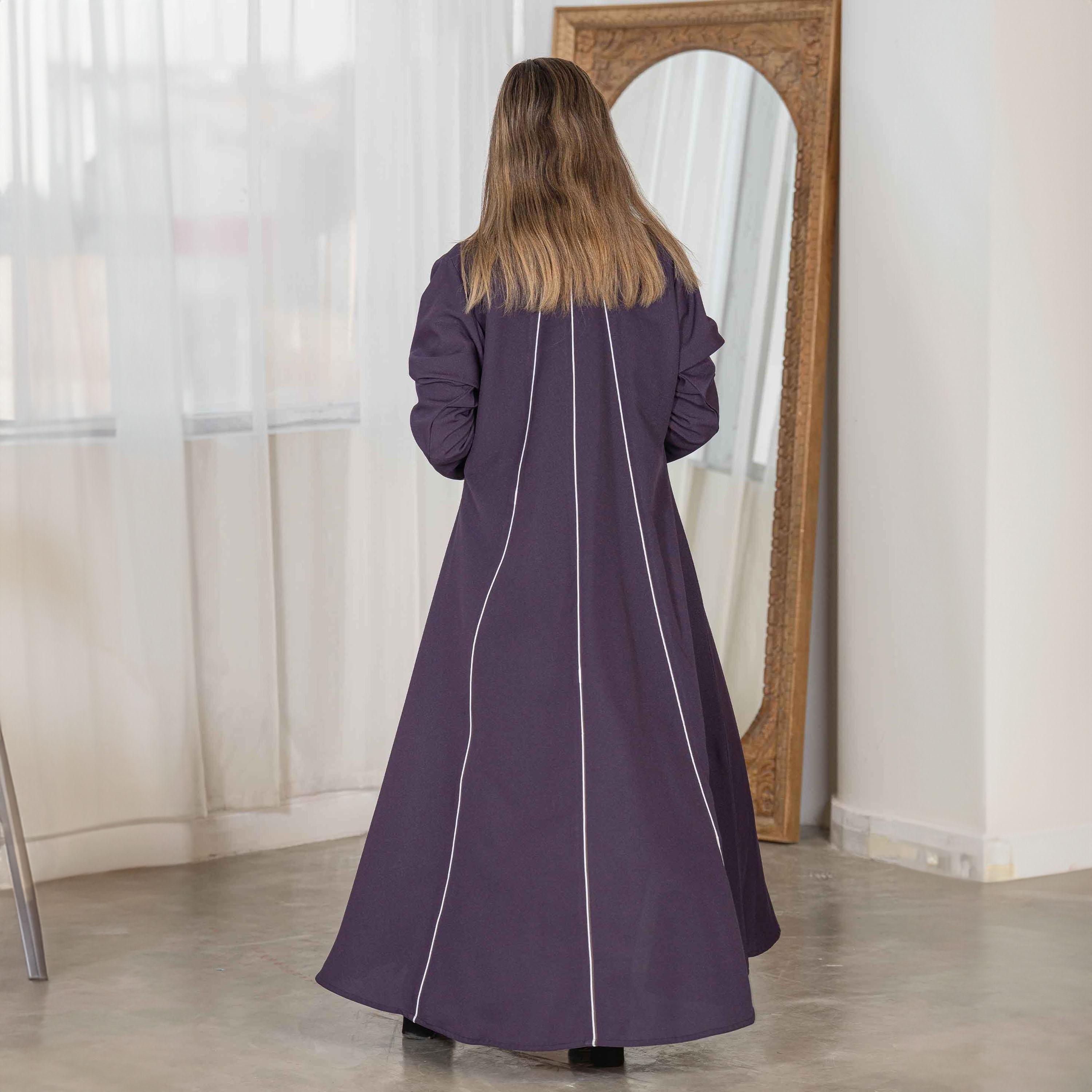 Zahiyh Piping Detail Coat Style Abaya with Hijab-women-arabicclothing-abayas-image-4