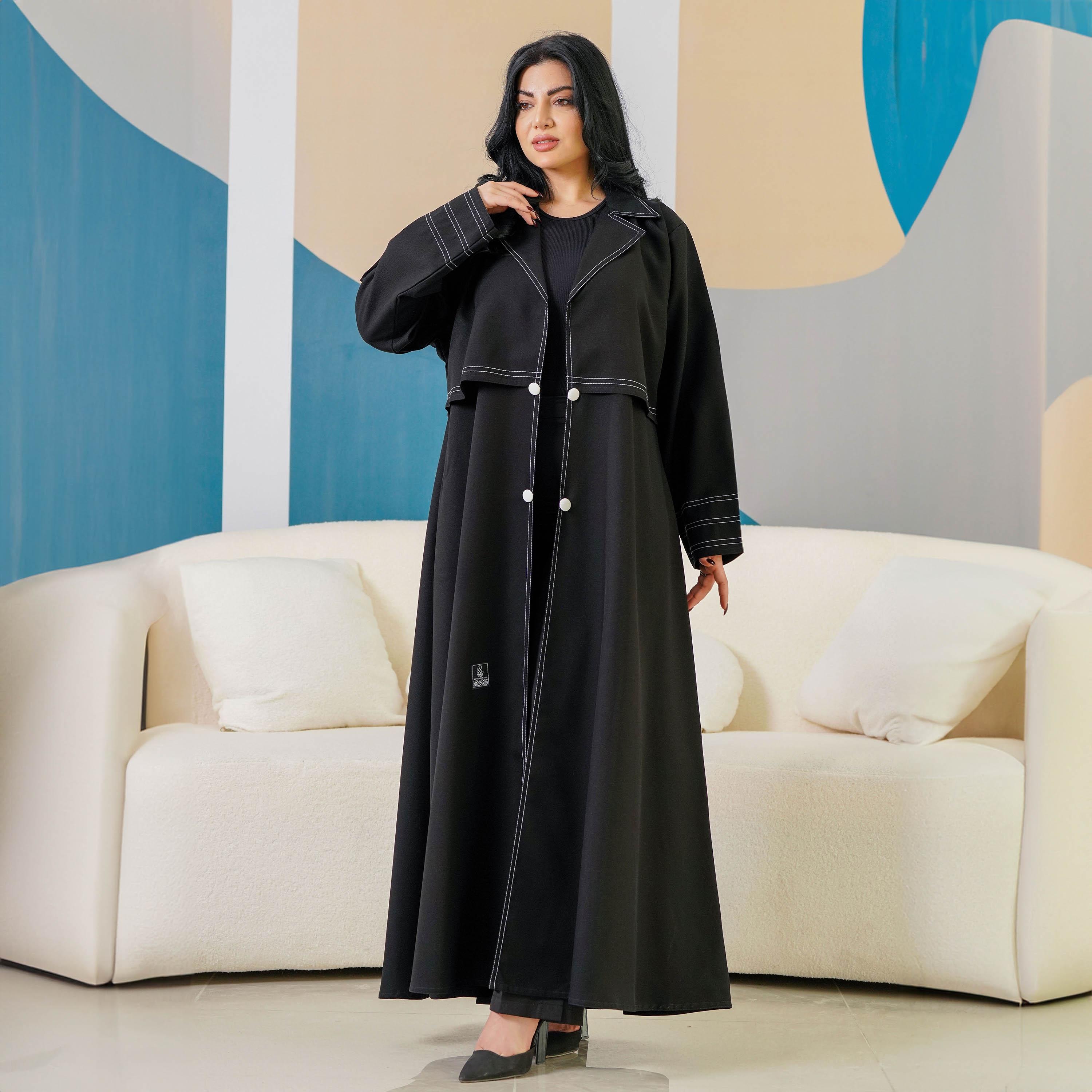 Zahiyh Thread Work Notch Lapel Collar Abaya with Hijab-women-arabicclothing-abayas-image-1
