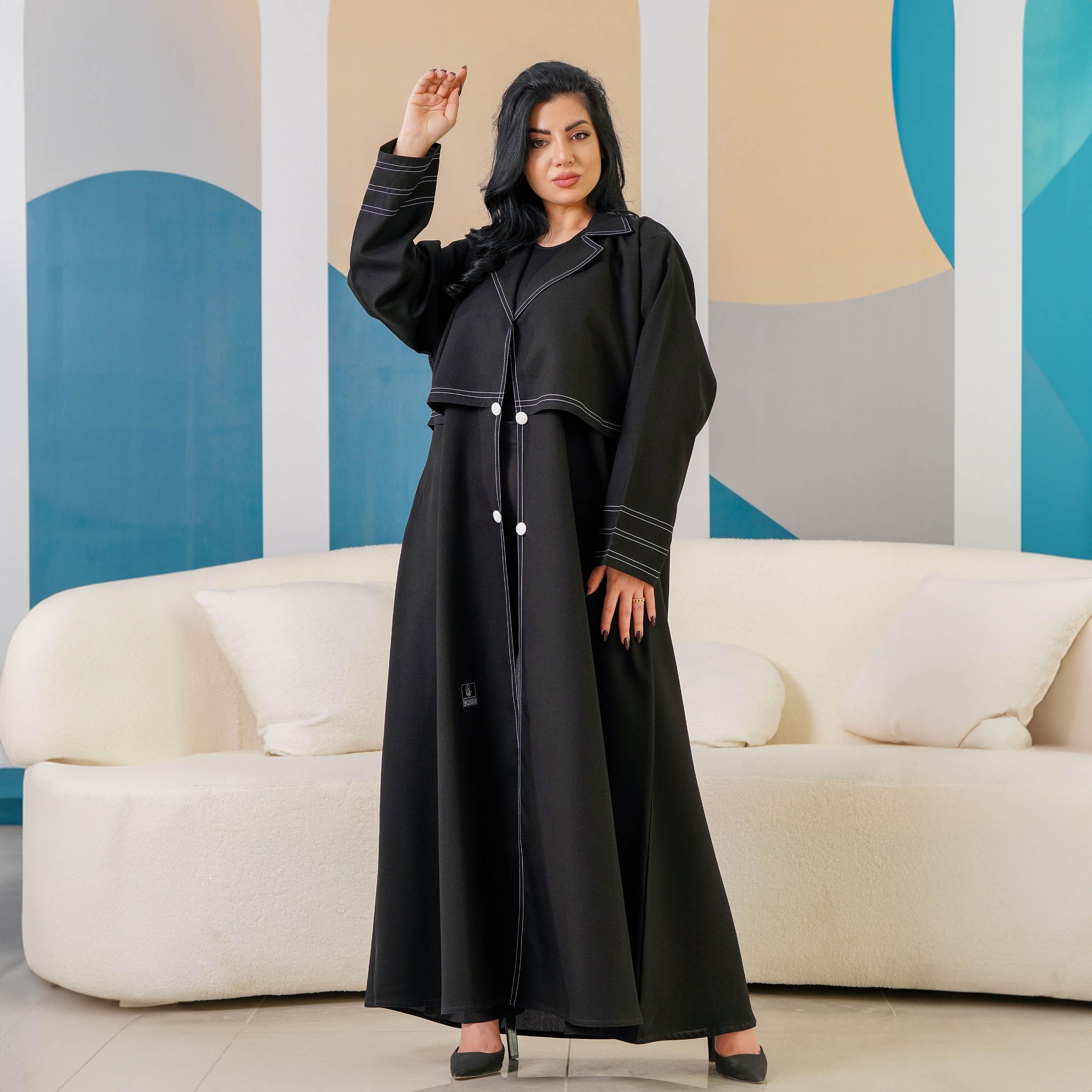 Zahiyh Thread Work Notch Lapel Collar Abaya with Hijab-women-arabicclothing-abayas-image-2