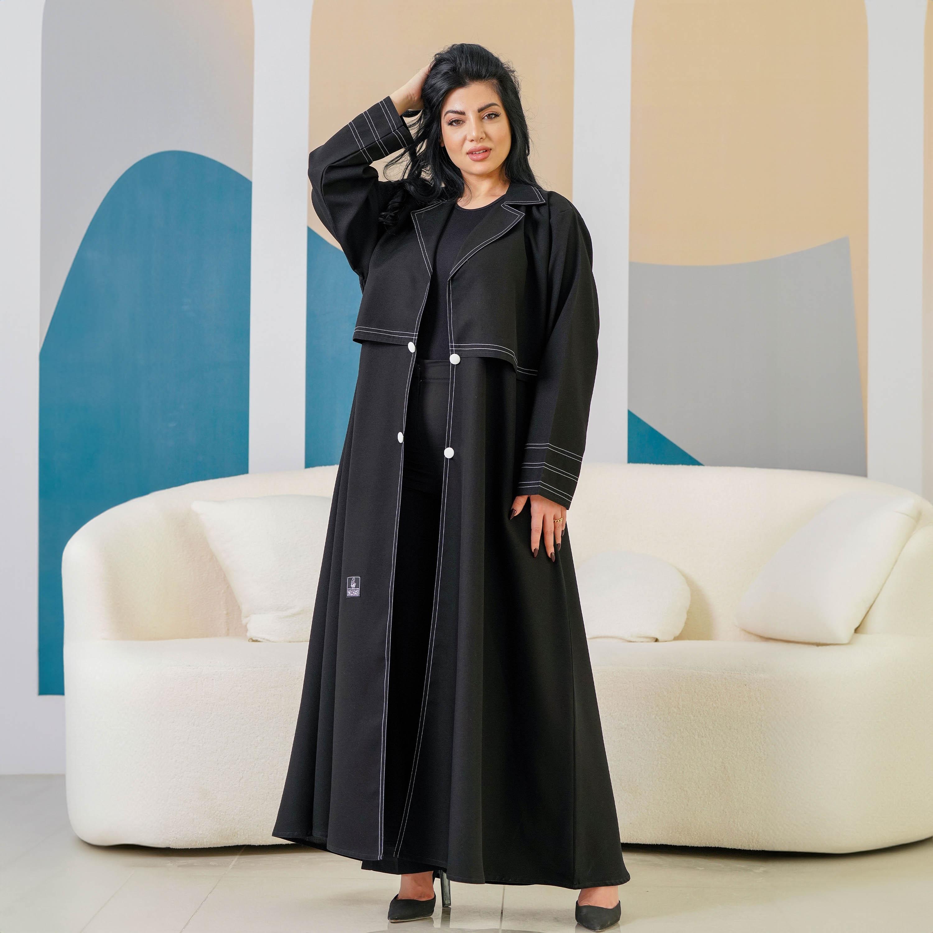 Zahiyh Thread Work Notch Lapel Collar Abaya with Hijab-women-arabicclothing-abayas-image-3