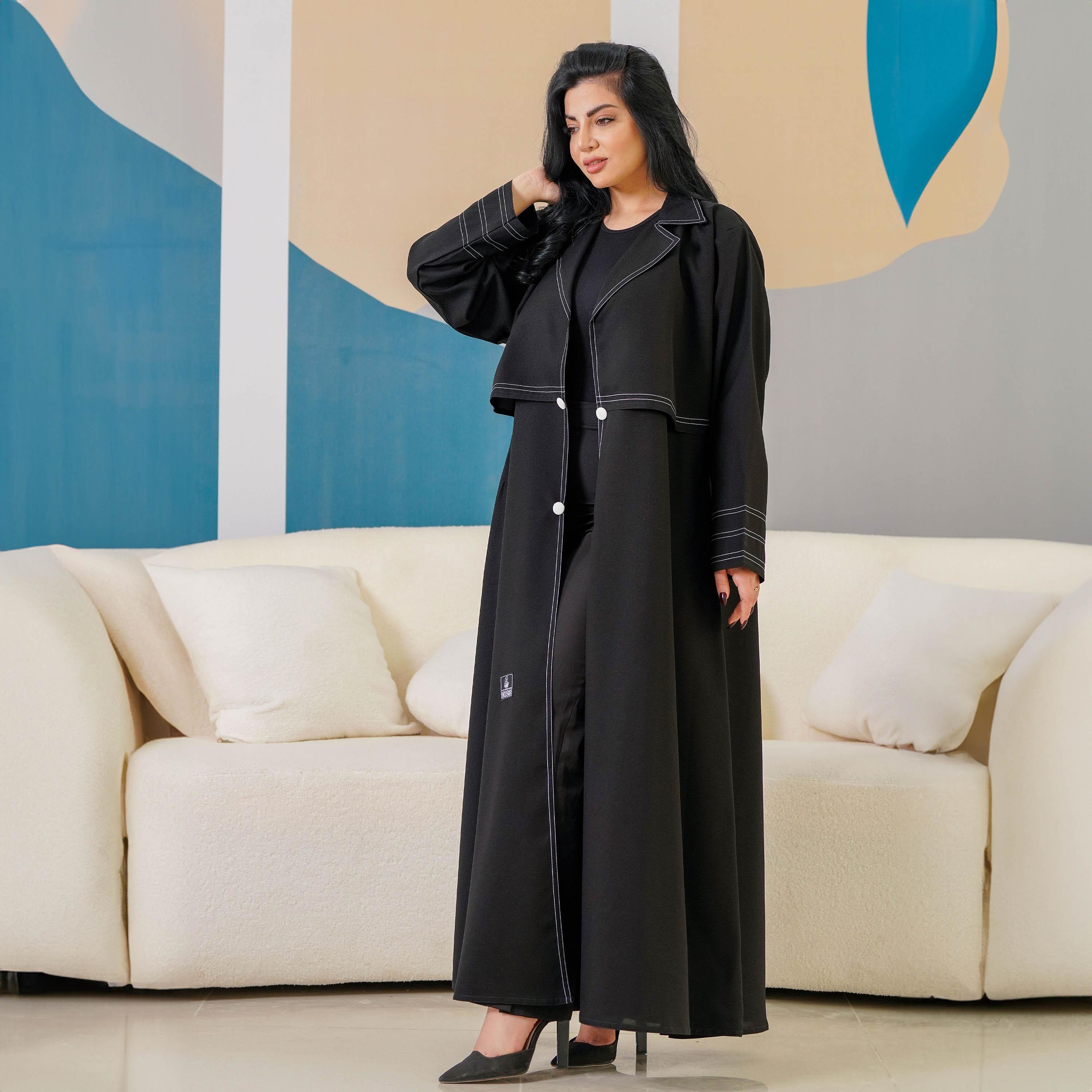 Zahiyh Thread Work Notch Lapel Collar Abaya with Hijab-women-arabicclothing-abayas-image-4