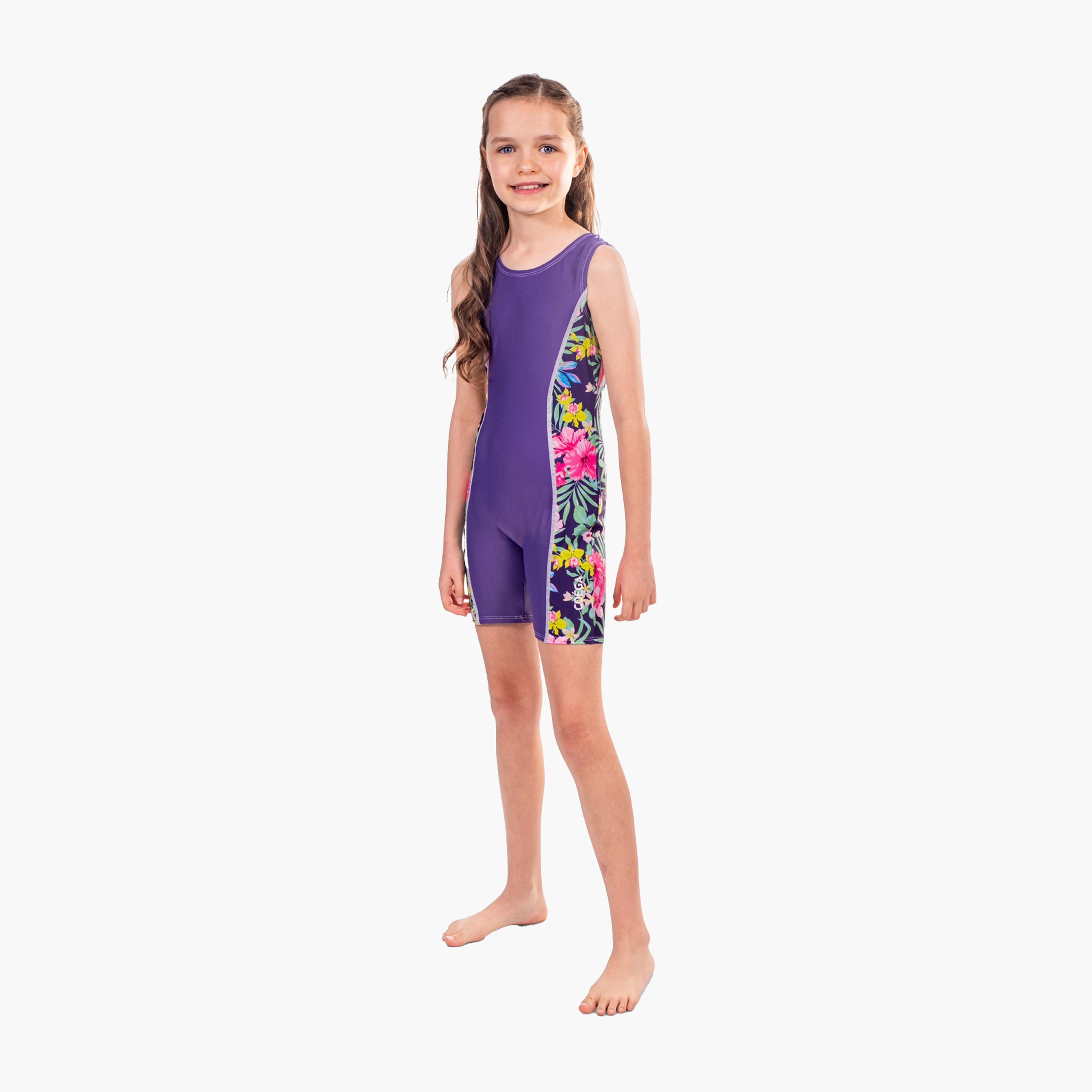 كويغا- شورت سباحة للبنات - أرجواني أزرق استوائي-sports-gear-swimming-girl-image-1