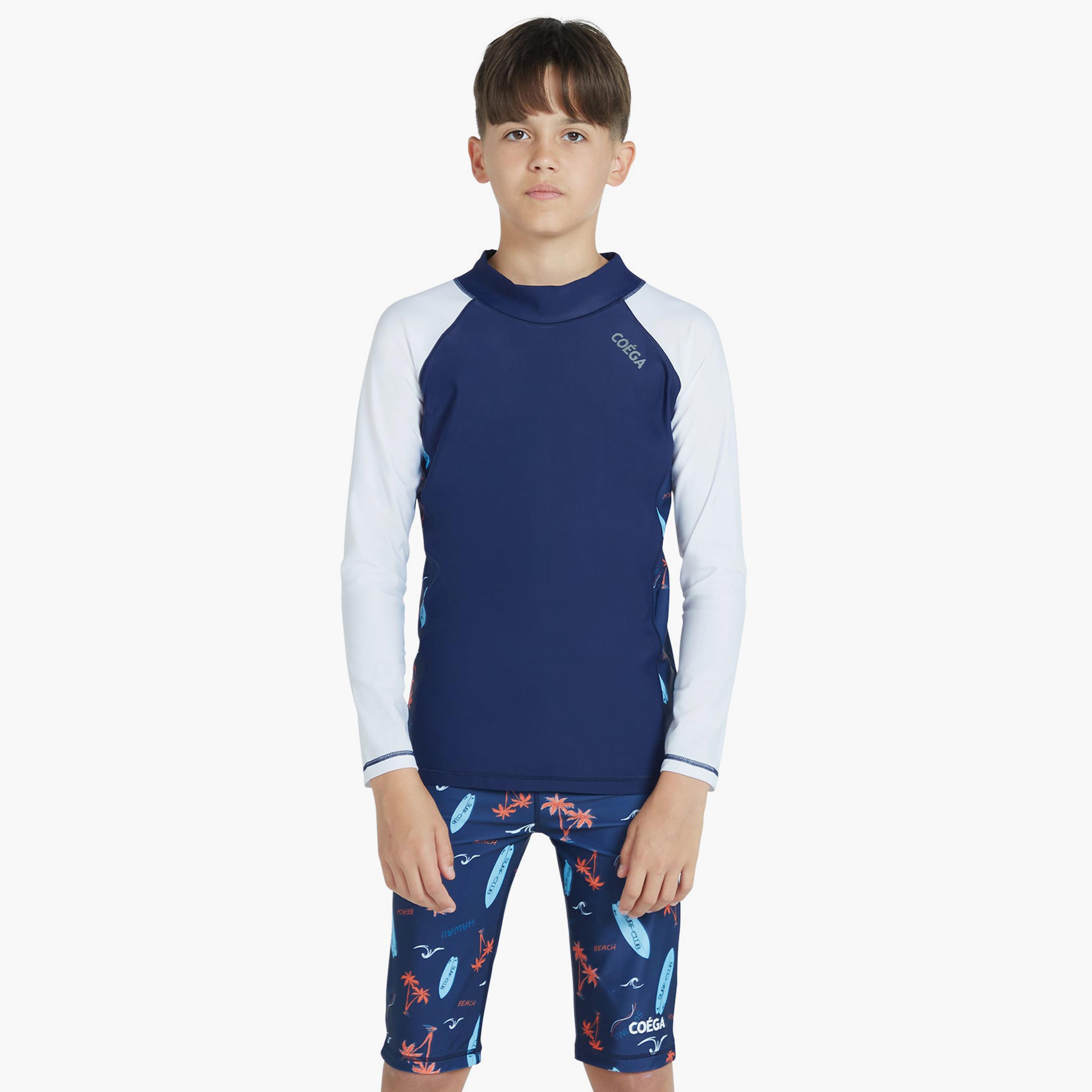 كويغا - قميص واقي من الشمس بأكمام طويلة للأولاد- كحلي بنقشة النخيل الخوخية-sports-boys-clothing-swimwear-image-1