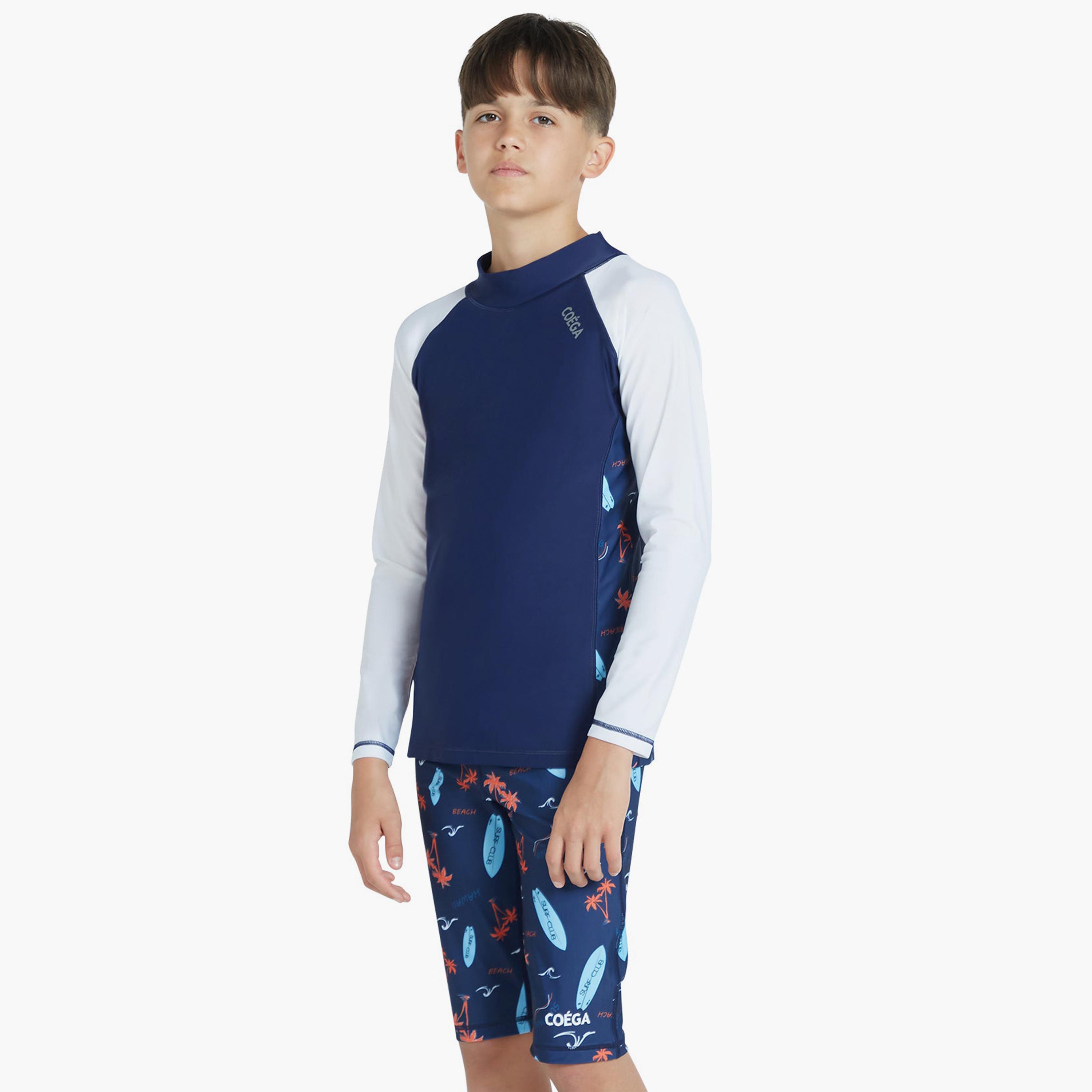 كويغا - قميص واقي من الشمس بأكمام طويلة للأولاد- كحلي بنقشة النخيل الخوخية-sports-boys-clothing-swimwear-image-3