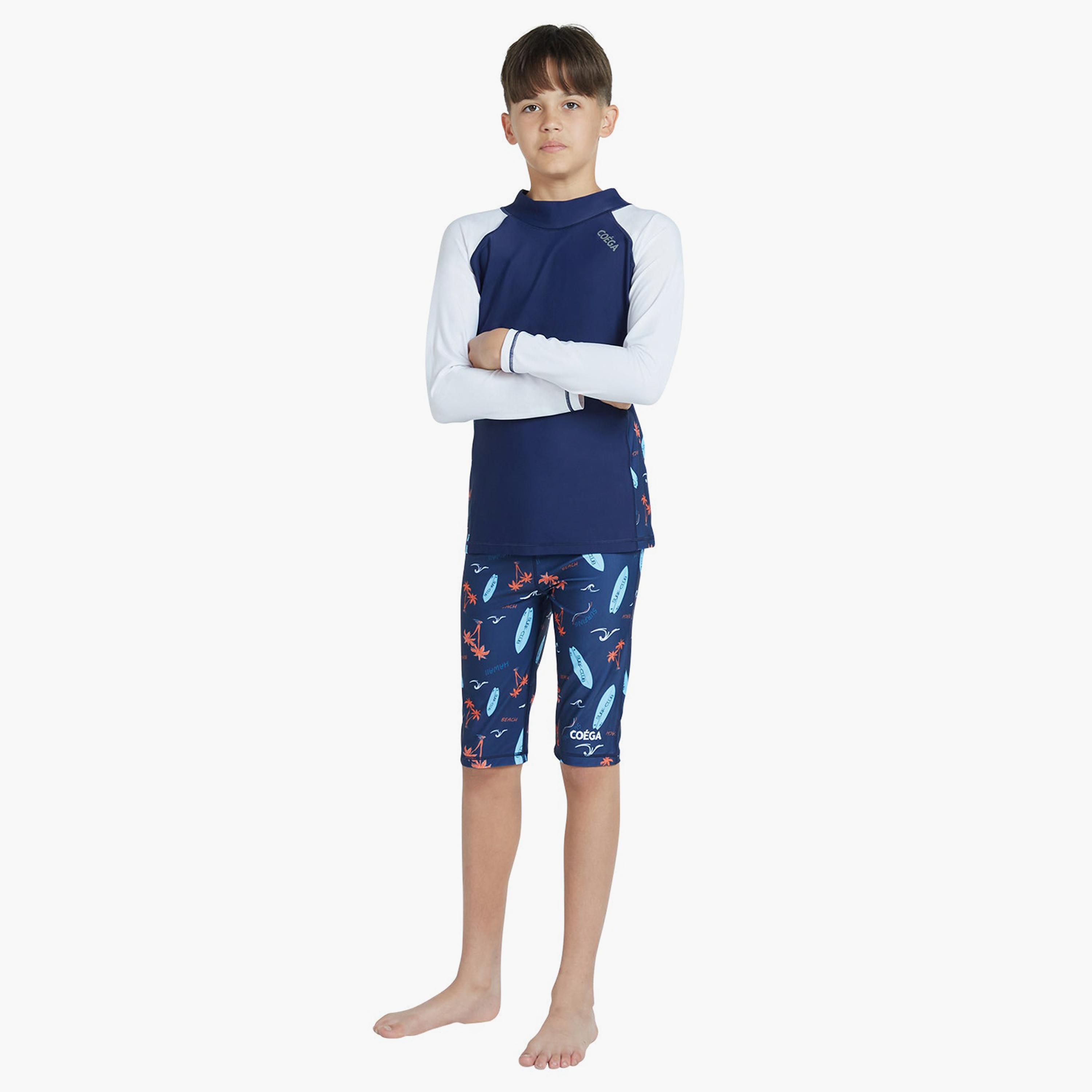 كويغا - قميص واقي من الشمس بأكمام طويلة للأولاد- كحلي بنقشة النخيل الخوخية-sports-boys-clothing-swimwear-image-4