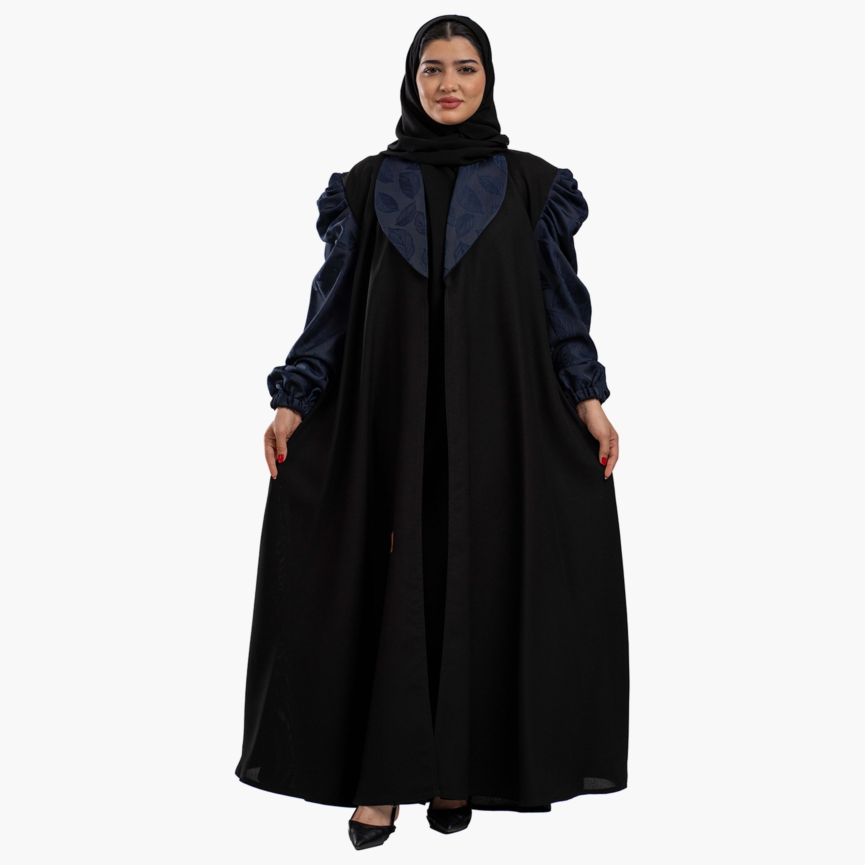 Zahiyh Black Puff Sleeves Shawl Lapel Embroidered Abaya with Tarha-women-arabicclothing-abayas-image-1